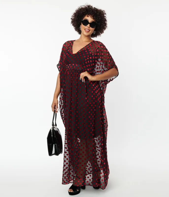 Unique Vintage Black & Red Swiss Dot Burton Caftan Dress made by Unique Vintage