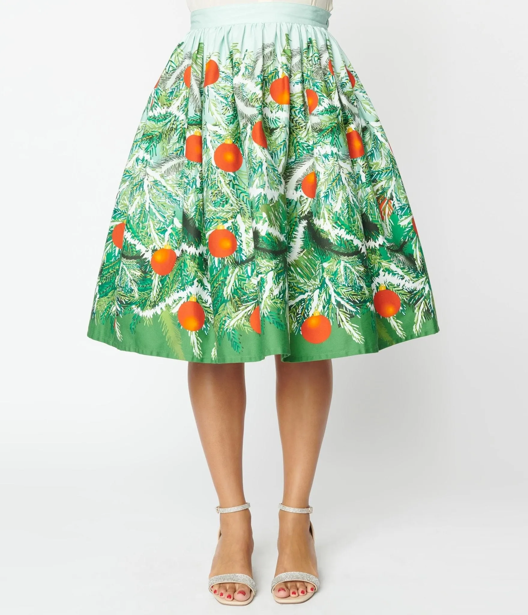 Unique Vintage Green Evergreen & Red Ornaments Swing Skirt sold by Unique Vintage product image thumbnail 2