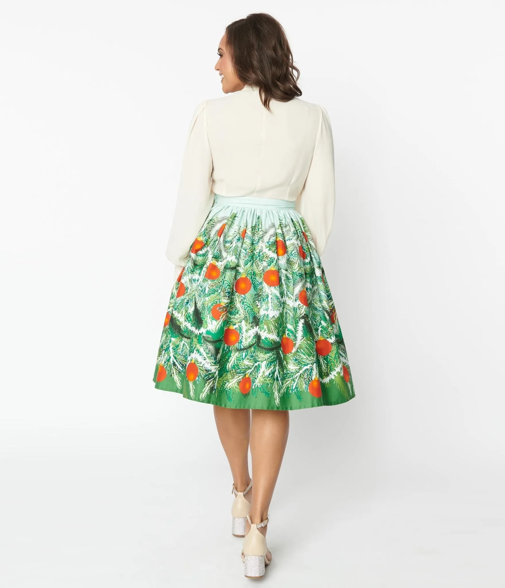 Unique Vintage Green Evergreen & Red Ornaments Swing Skirt sold by Unique Vintage product image thumbnail 3