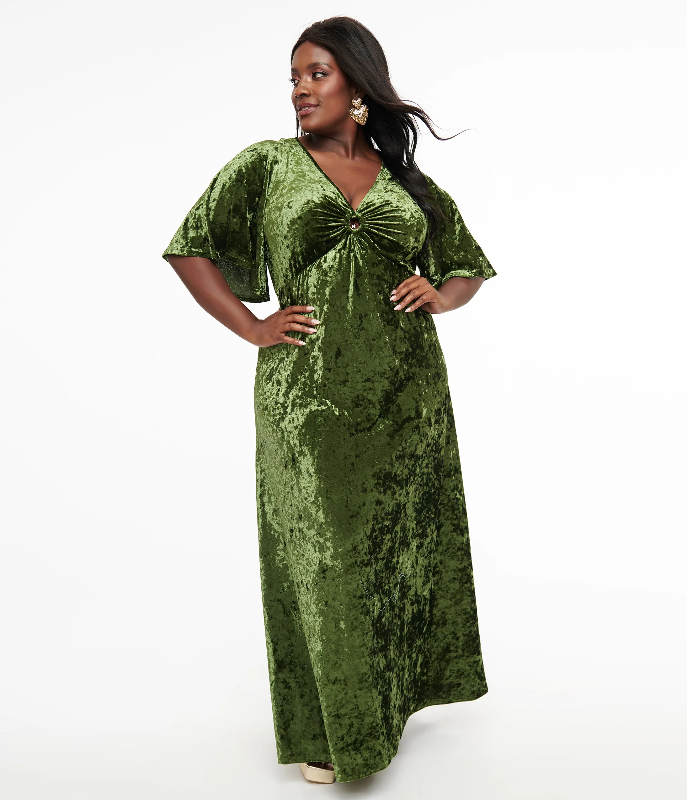 Smak Parlour Plus Size 1970s Mossy Green Velvet Cutout Maxi Dress sold by Unique Vintage