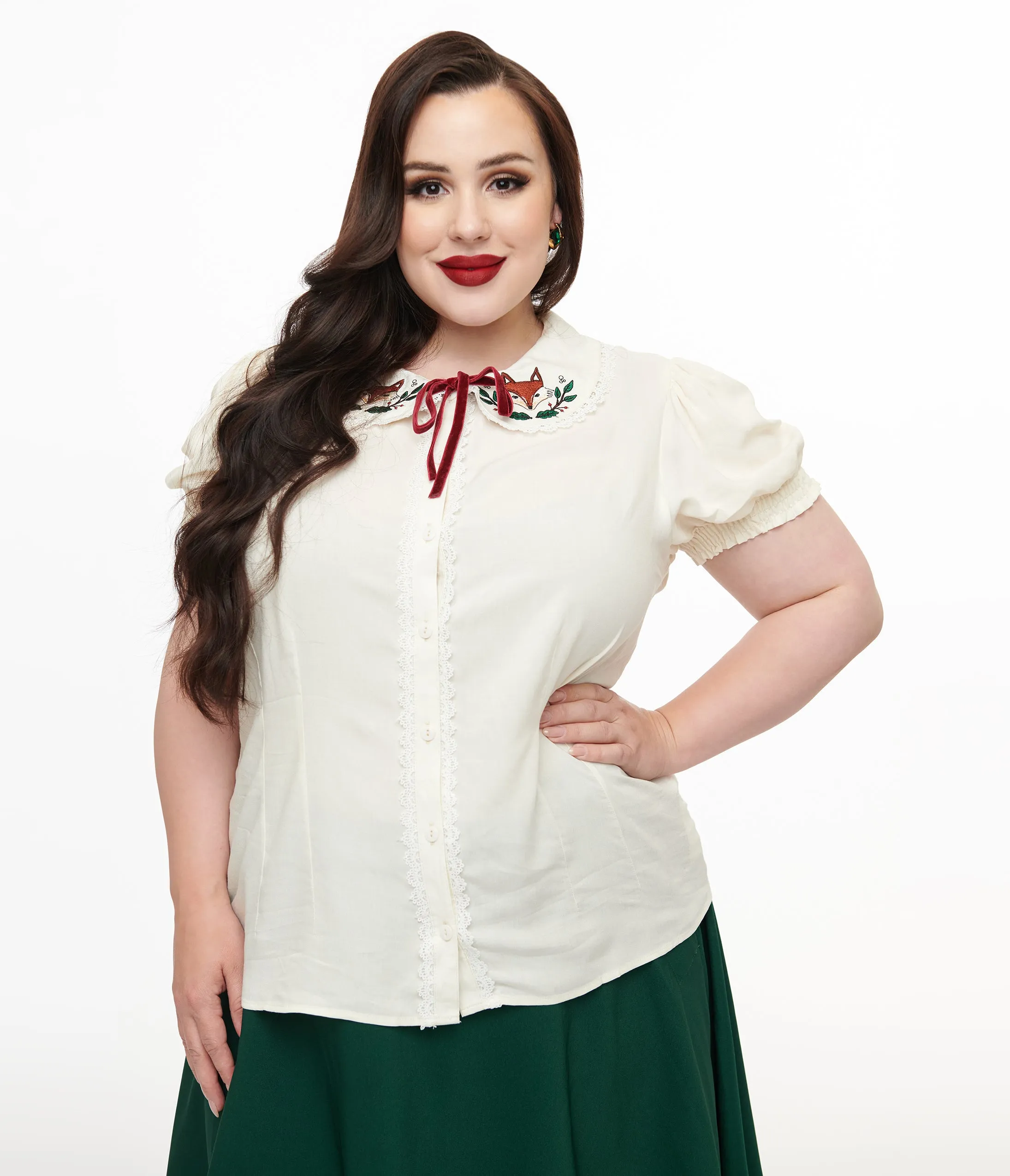 Hell Bunny Plus Size 1950s White Fox Basil Blouse sold by Unique Vintage product image thumbnail 3