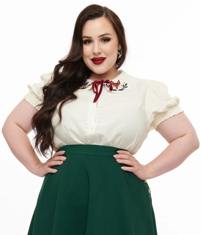 Hell Bunny Plus Size 1950s White Fox Basil Blouse made by Unique Vintage