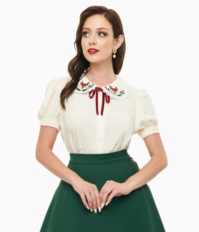 Hell Bunny 1950s White Fox Basil Blouse sold by Unique Vintage