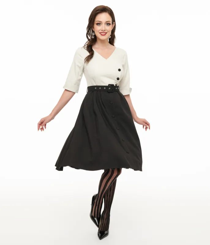 Voodoo Vixen 1950s White & Black Button Swing Dress sold by Unique Vintage