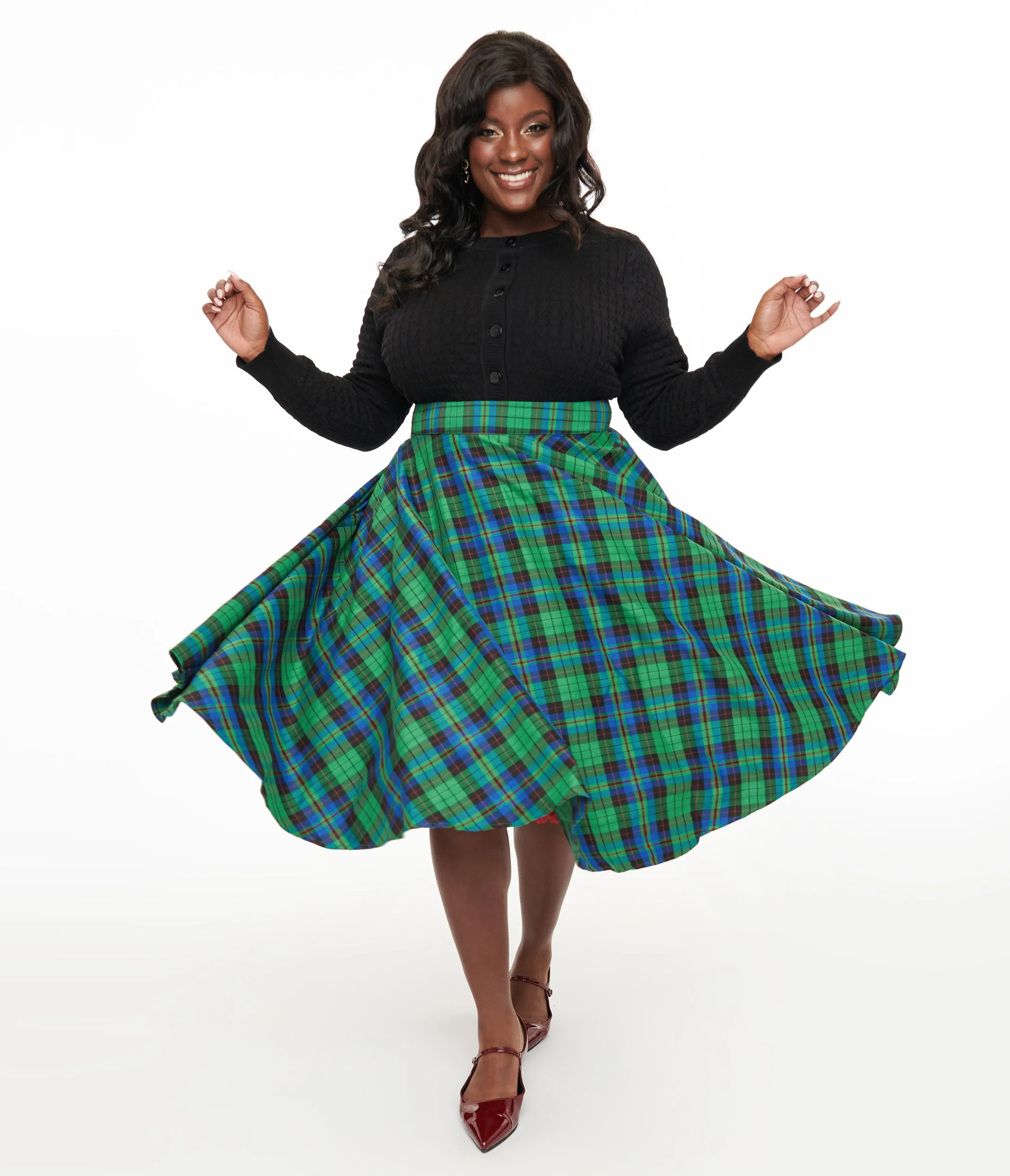 Plus Size 1950s Green & Blue Winter Check Swing Skirt sold by Unique Vintage
