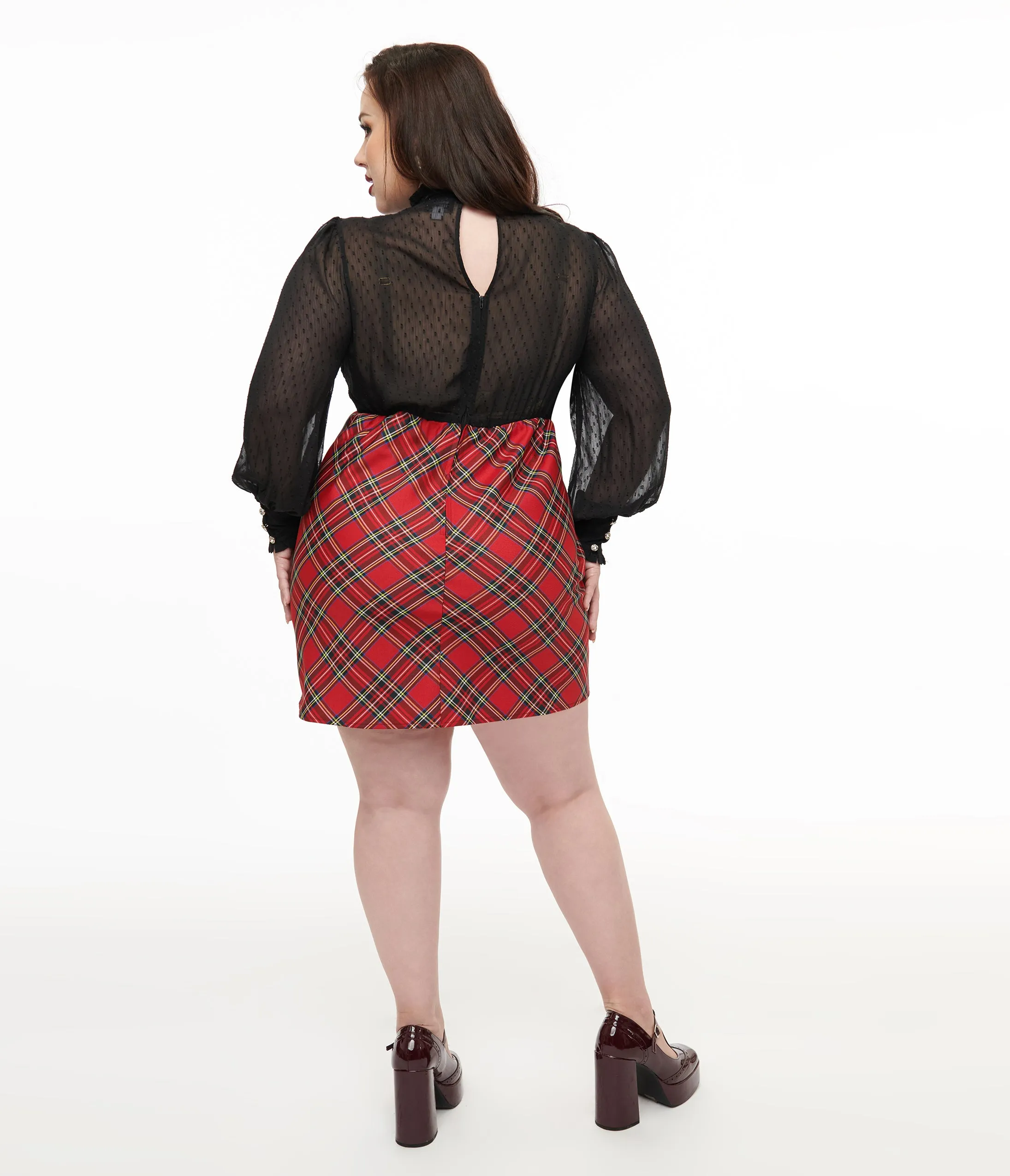 Smak Parlour Plus Size 1960s Red Plaid & Black Ruffle Neck A-Line Dress sold by Unique Vintage product image thumbnail 2