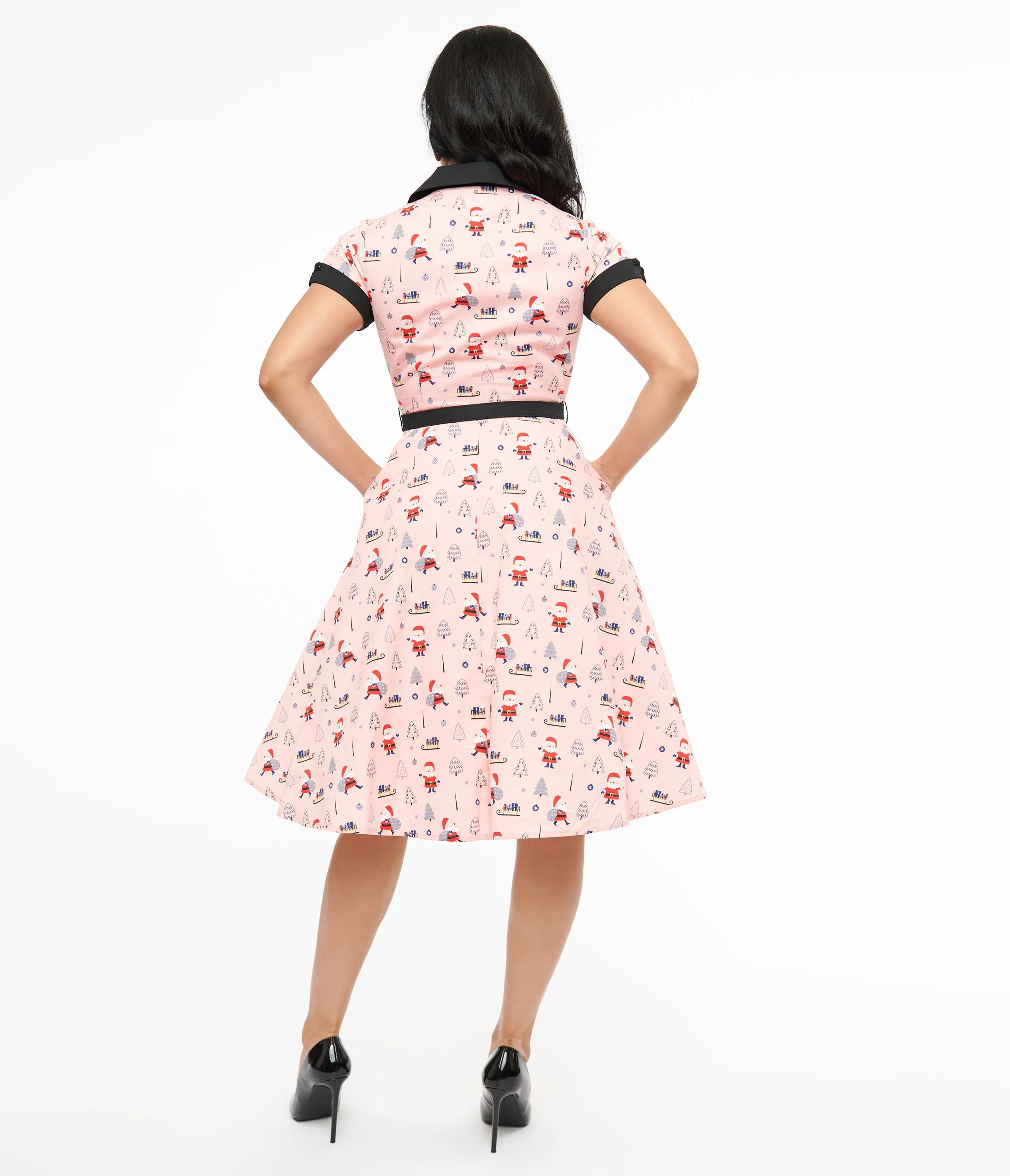Unique Vintage 1950s Pink Santa Print Alexis Swing Dress sold by Unique Vintage product image thumbnail 2