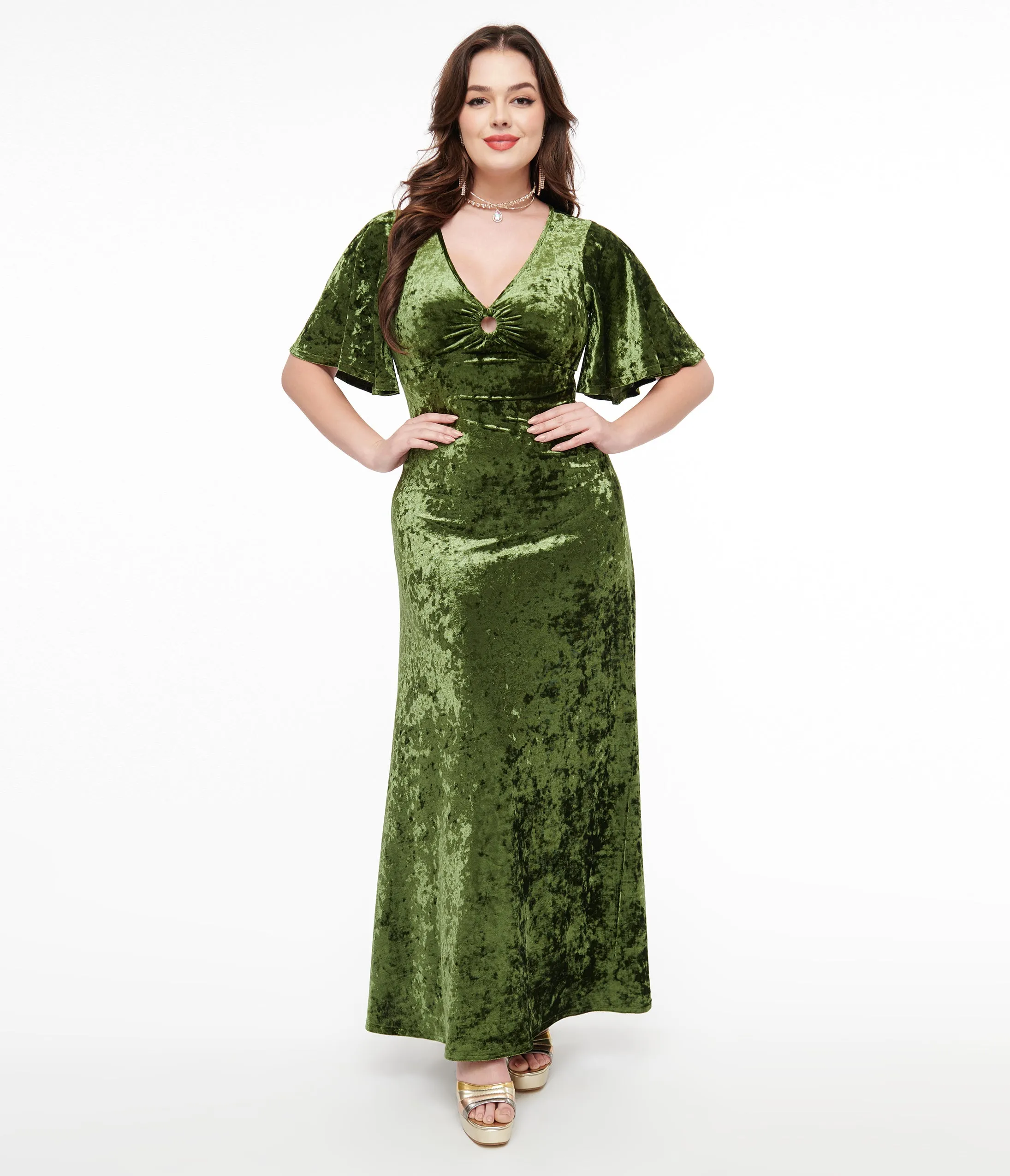 Smak Parlour 1970s Mossy Green Velvet Cutout Maxi Dress sold by Unique Vintage product image thumbnail 3