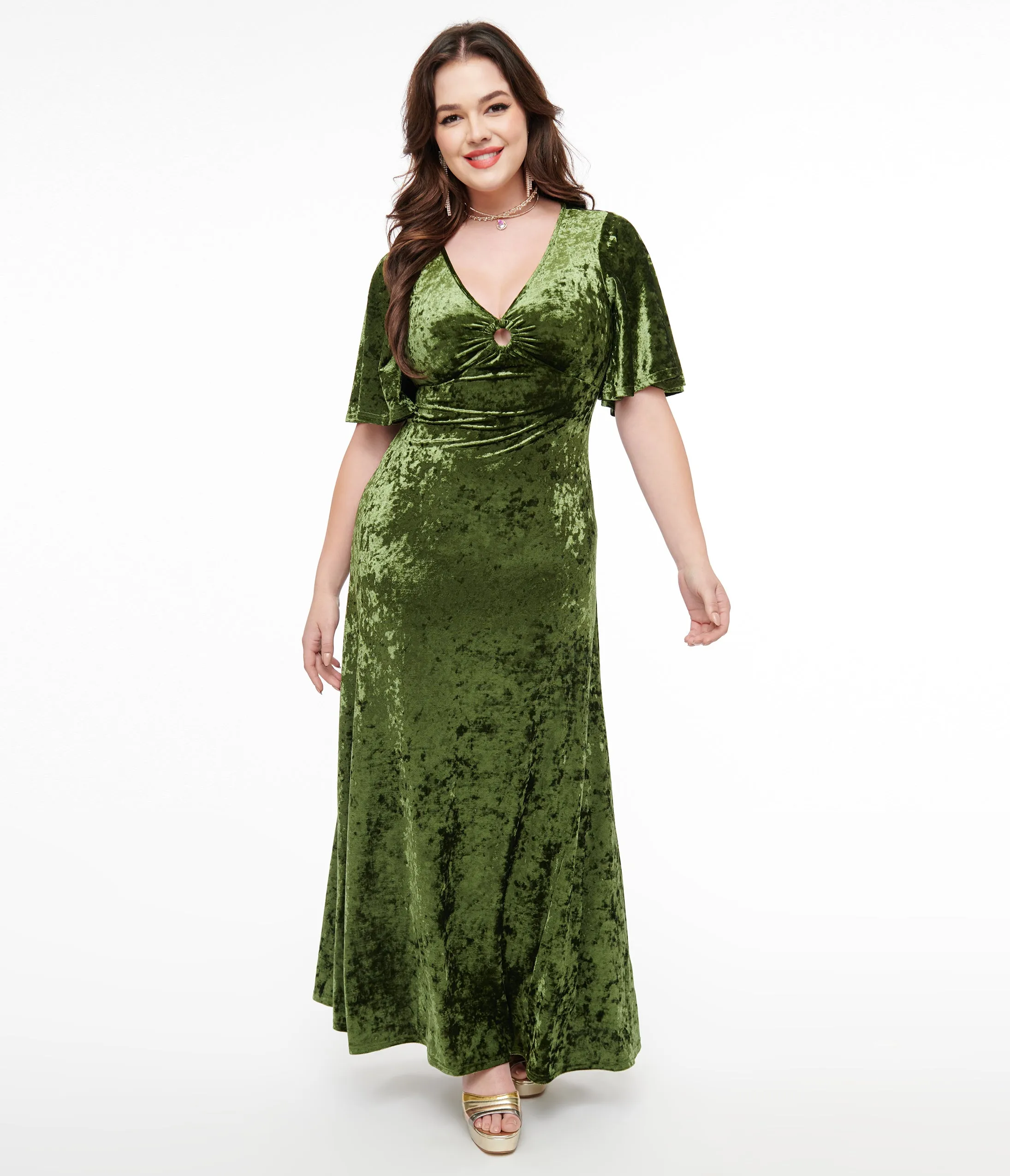Smak Parlour 1970s Mossy Green Velvet Cutout Maxi Dress sold by Unique Vintage