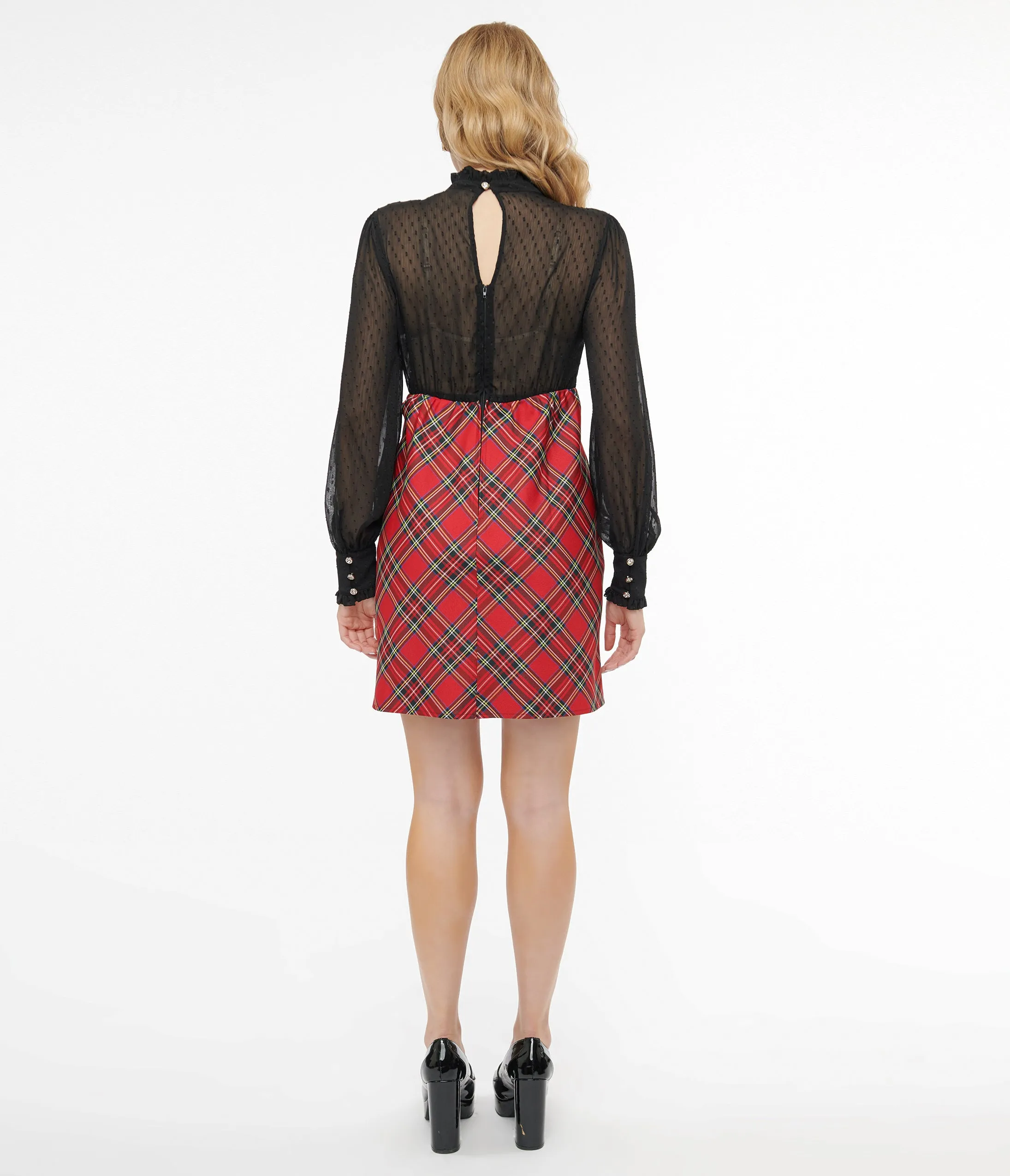 Smak Parlour 1960s Red Plaid & Black Ruffle Neck A-Line Dress sold by Unique Vintage product image thumbnail 2