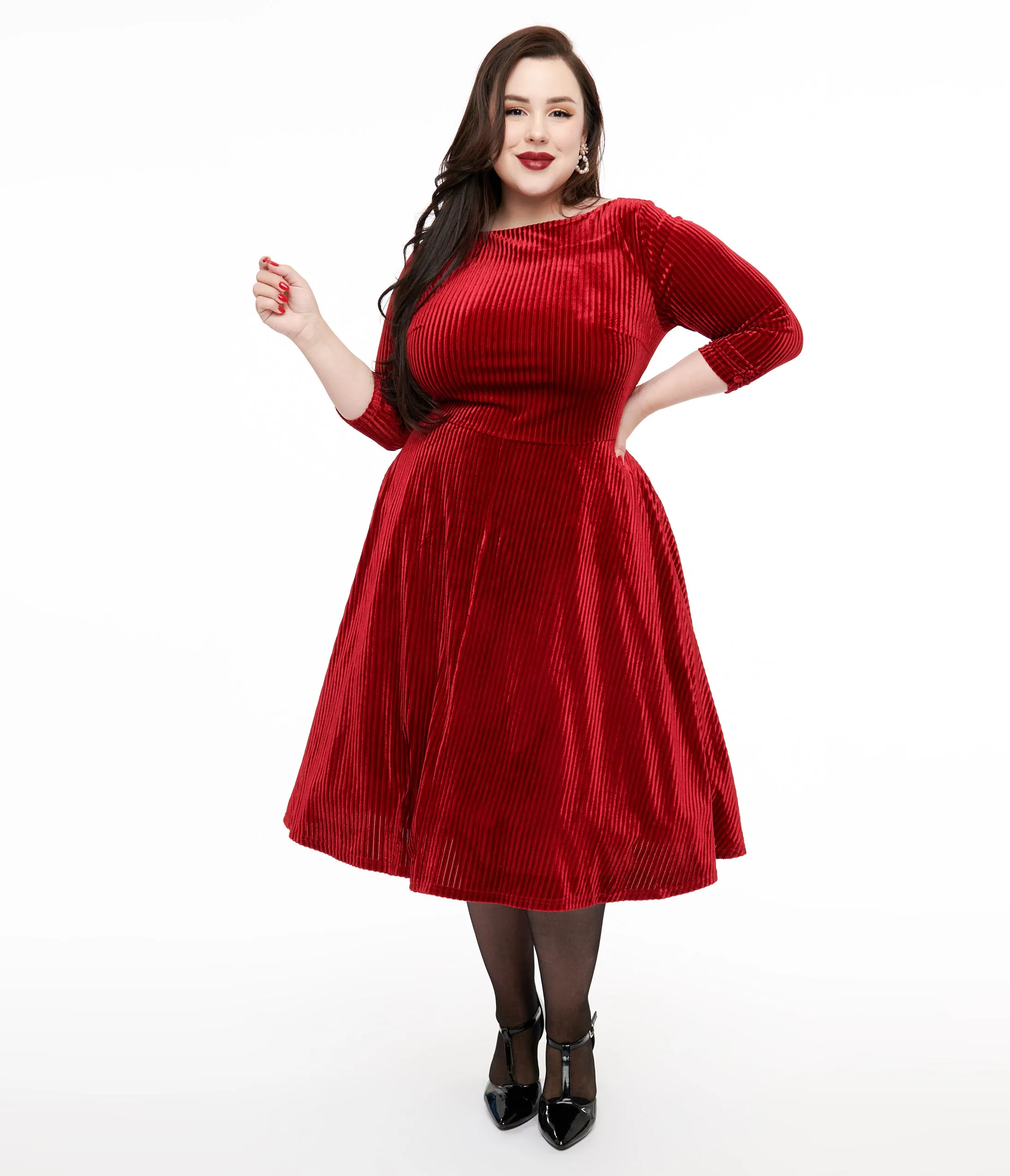 Unique Vintage Plus Size 1950s Burgundy Textured Velvet Devon Swing Dress sold by Unique Vintage product image thumbnail 3