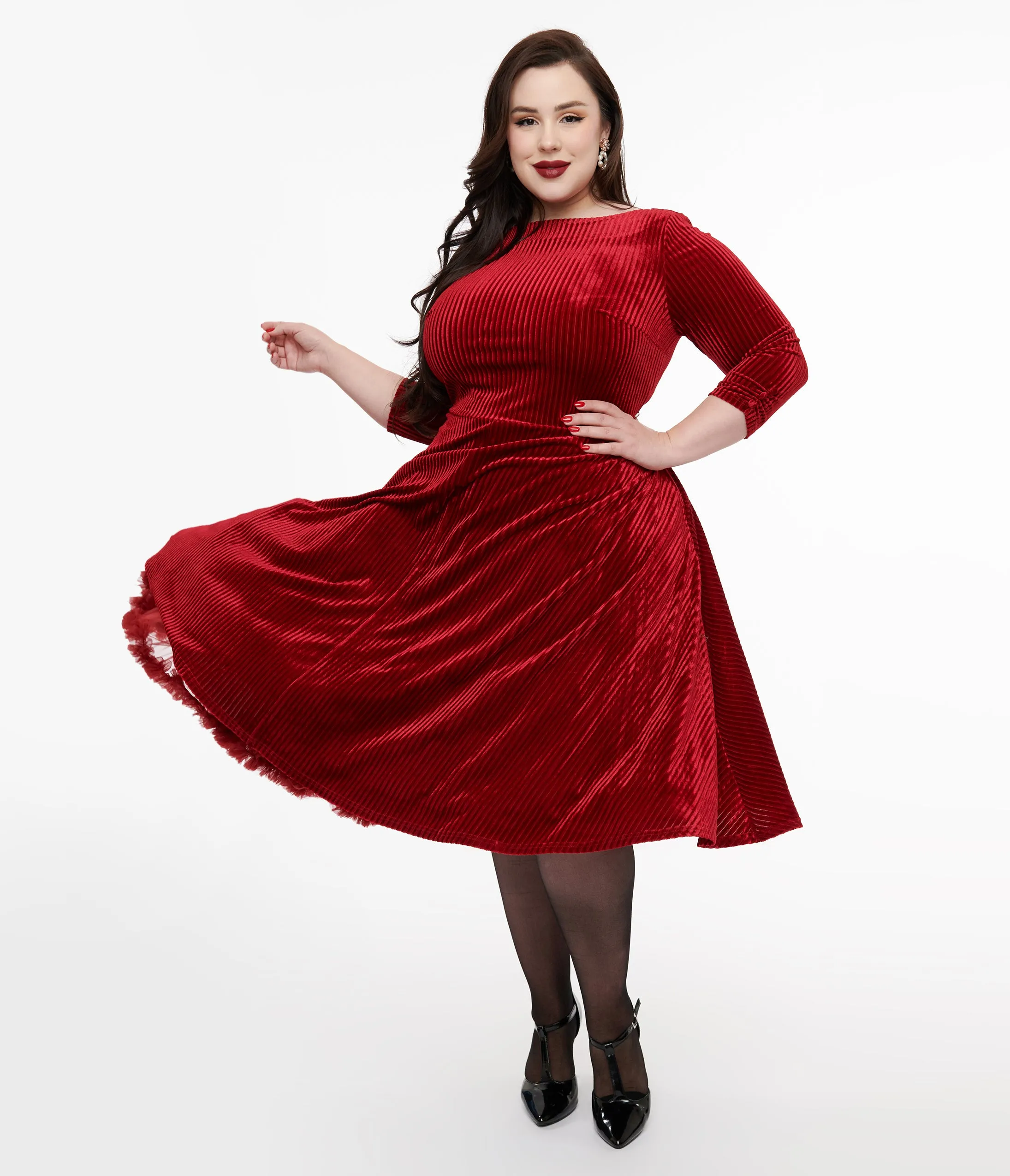 Unique Vintage Plus Size 1950s Burgundy Textured Velvet Devon Swing Dress sold by Unique Vintage