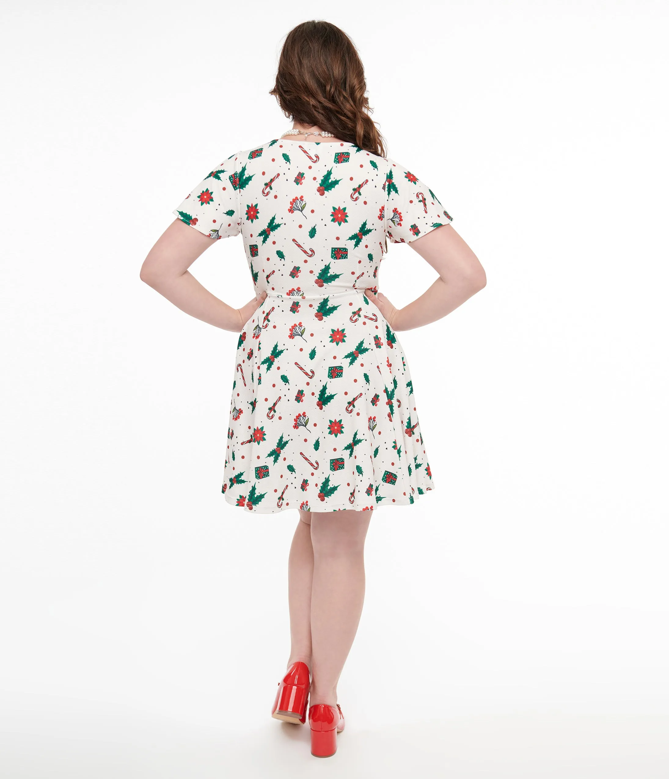 Unique Vintage 1950s Ivory Christmas Print Poppy Flare Dress sold by Unique Vintage product image thumbnail 3