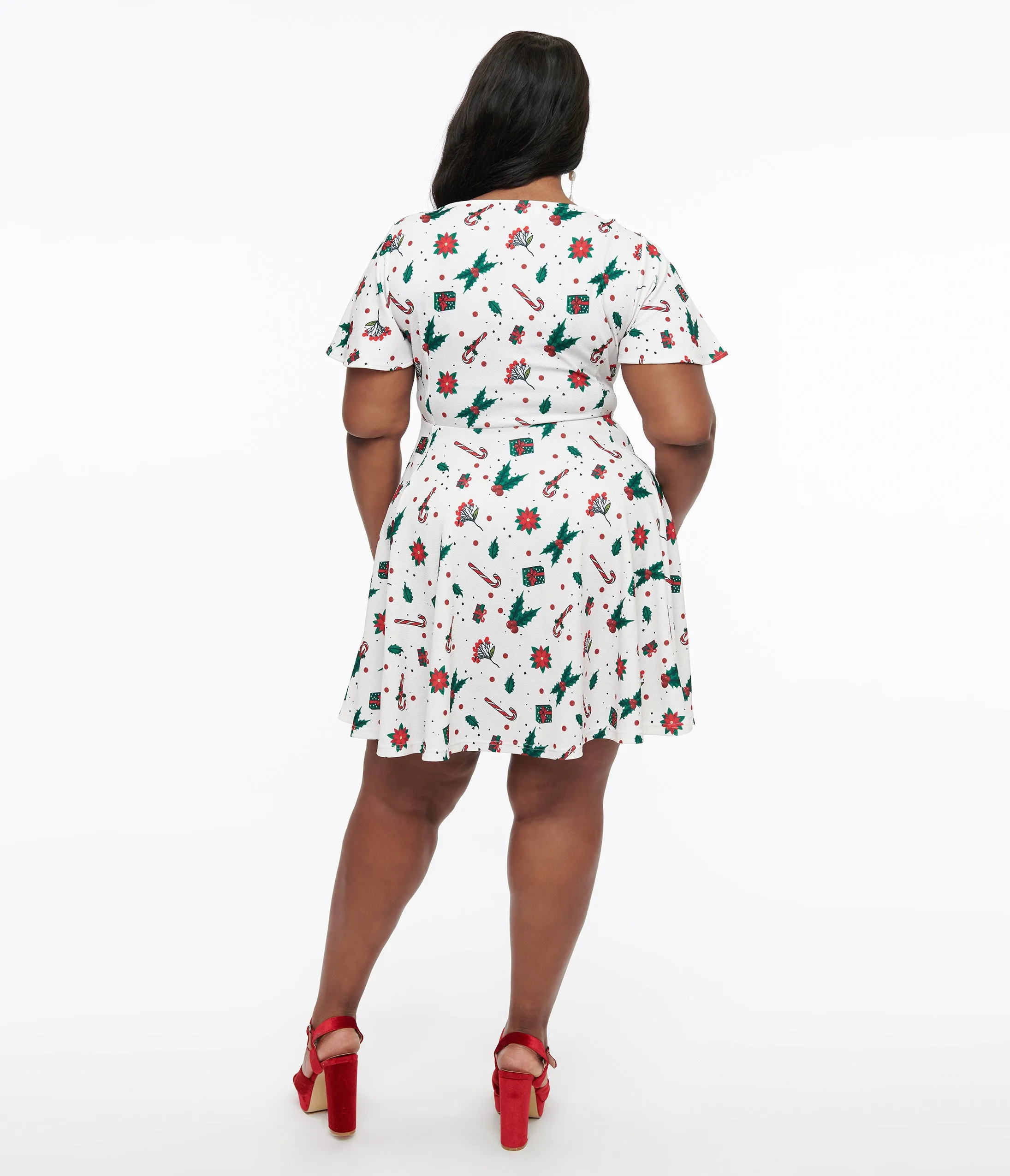 Unique Vintage Plus Size 1950s Ivory Christmas Print Poppy Flare Dress sold by Unique Vintage product image thumbnail 3
