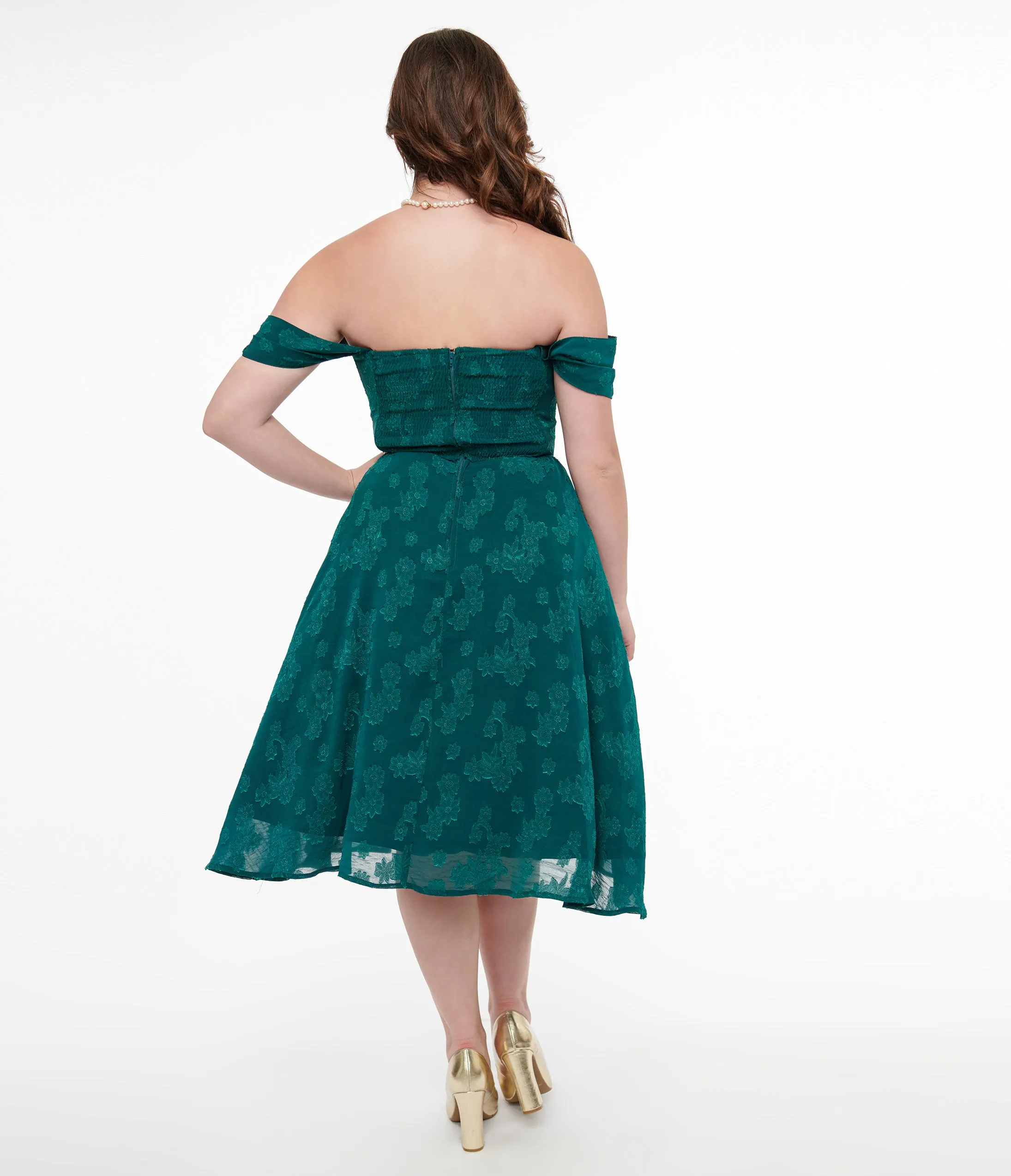 Unique Vintage 1950s Teal Jacquard Off Shoulder Flare Dress sold by Unique Vintage product image thumbnail 2