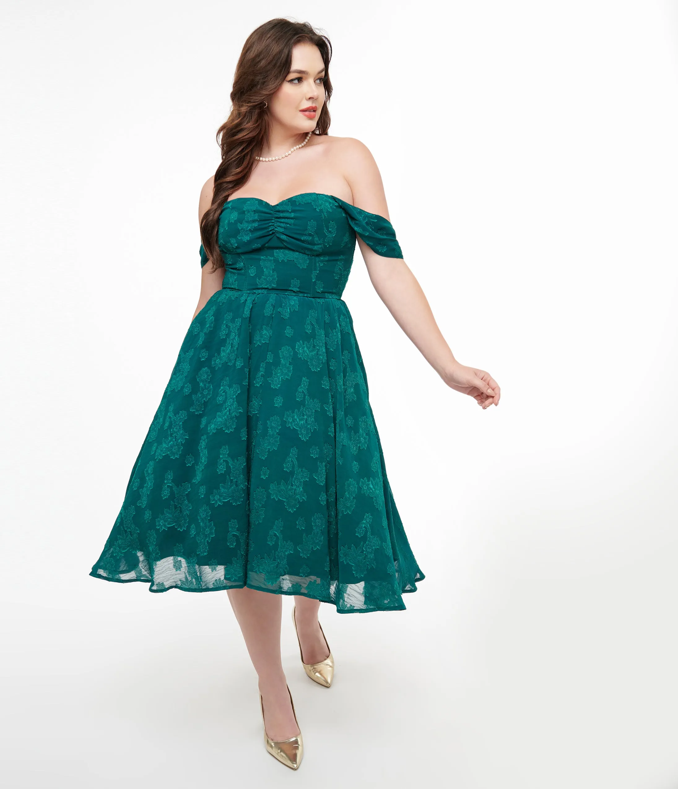 Unique Vintage 1950s Teal Jacquard Off Shoulder Flare Dress sold by Unique Vintage product image thumbnail 3