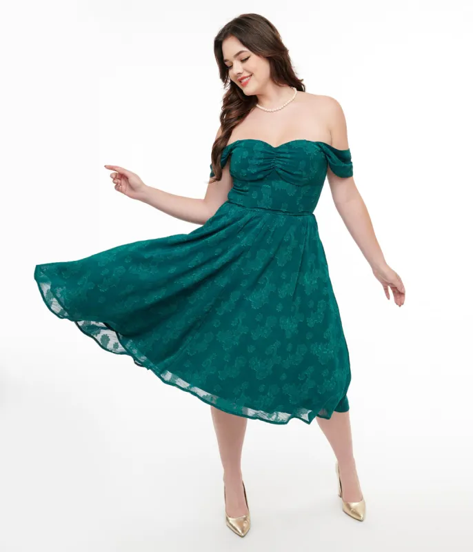 Unique Vintage 1950s Teal Jacquard Off Shoulder Flare Dress sold by Unique Vintage