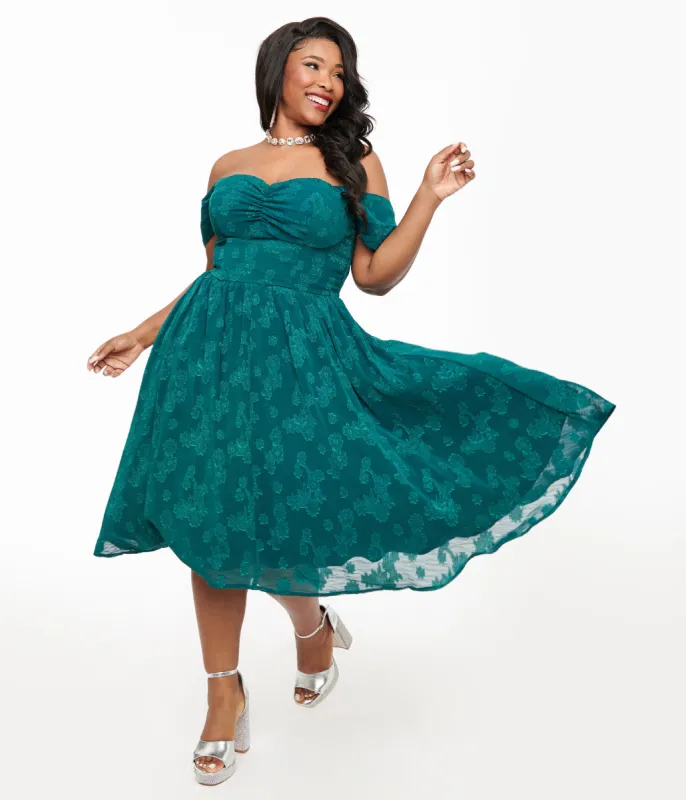 Unique Vintage Plus Size 1950s Teal Jacquard Off Shoulder Flare Dress sold by Unique Vintage