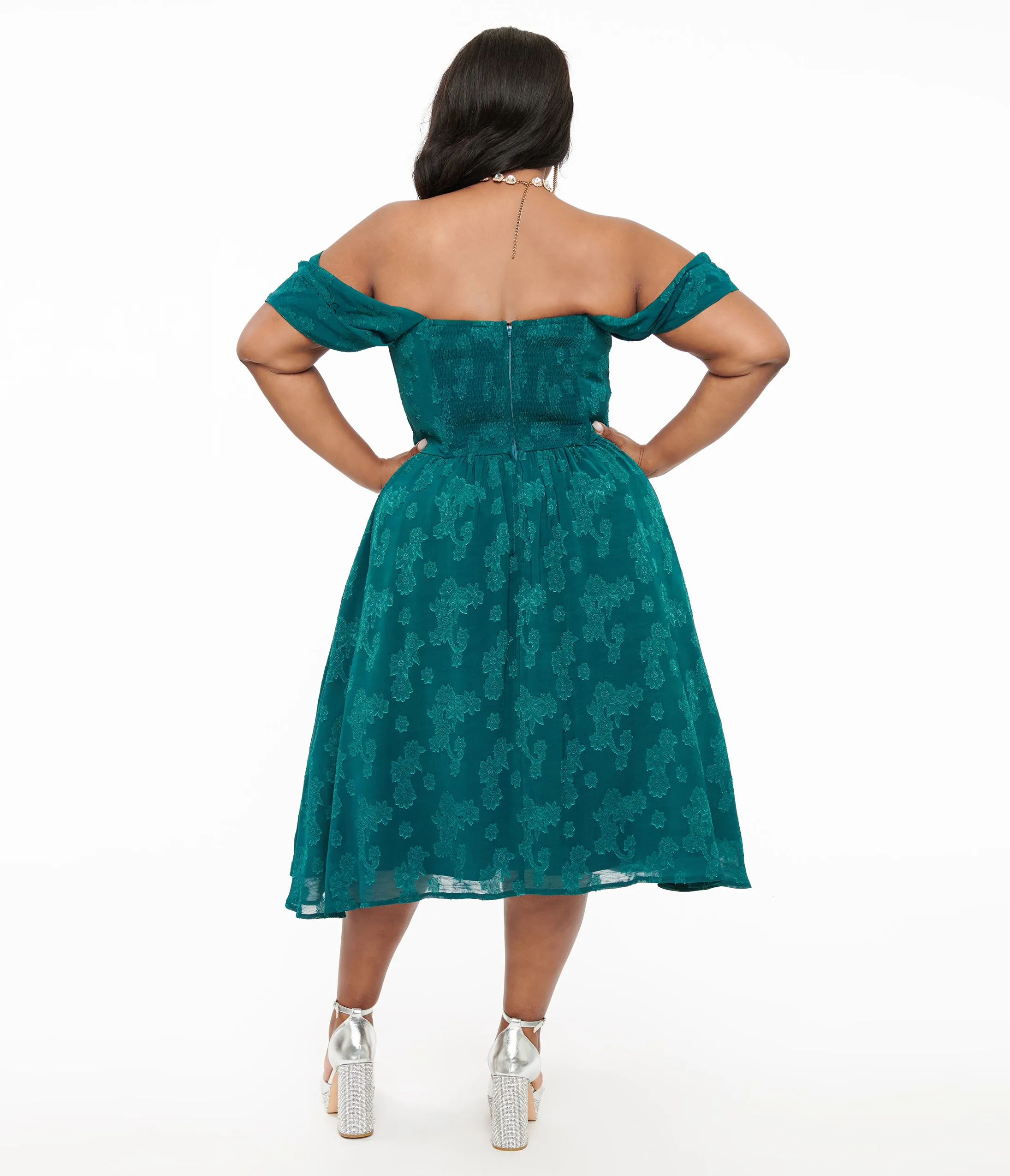 Unique Vintage Plus Size 1950s Teal Jacquard Off Shoulder Flare Dress sold by Unique Vintage product image thumbnail 3