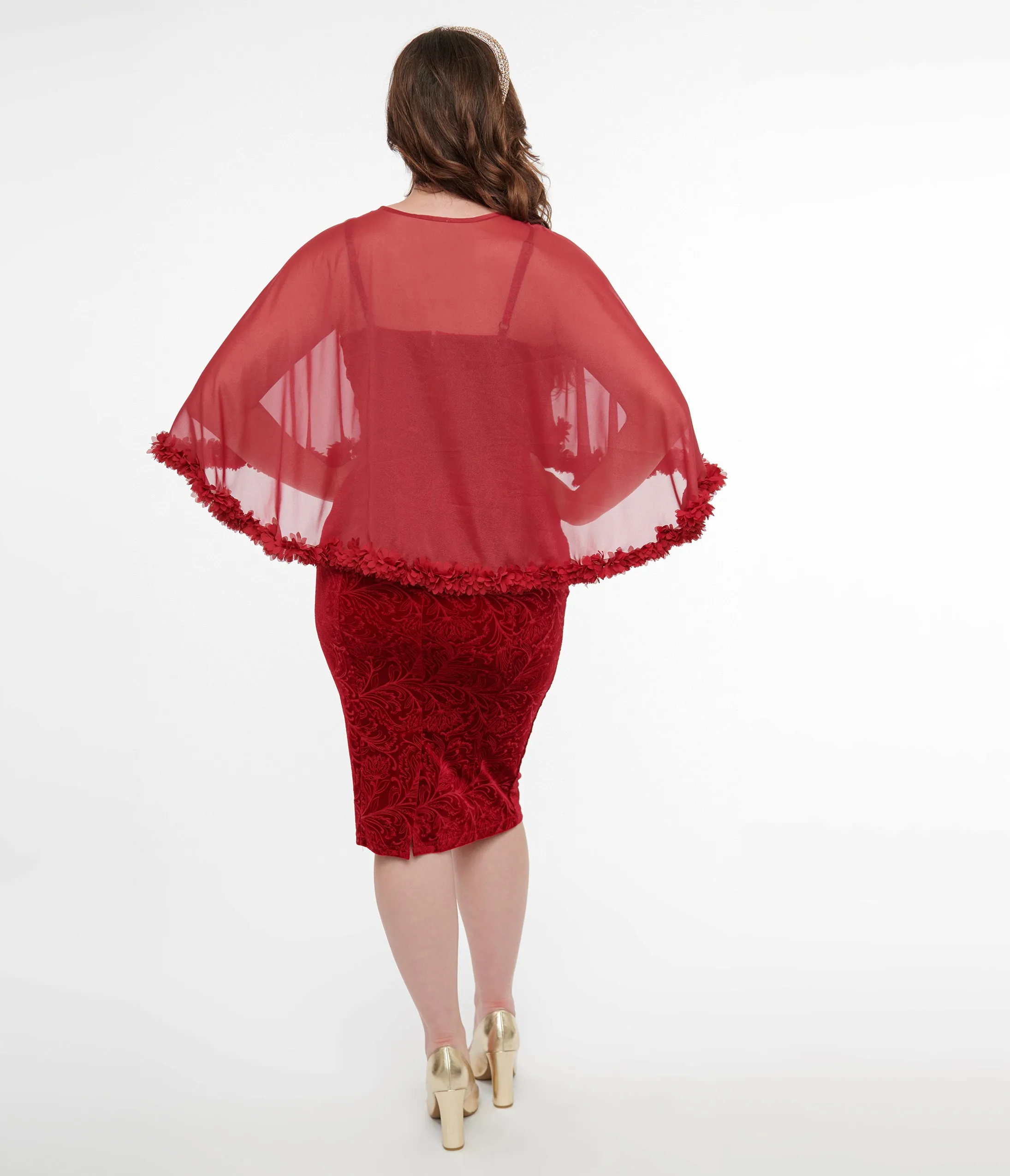 Unique Vintage 1960s Red Velvet Ruffle Capelet Wiggle Dress sold by Unique Vintage product image thumbnail 2