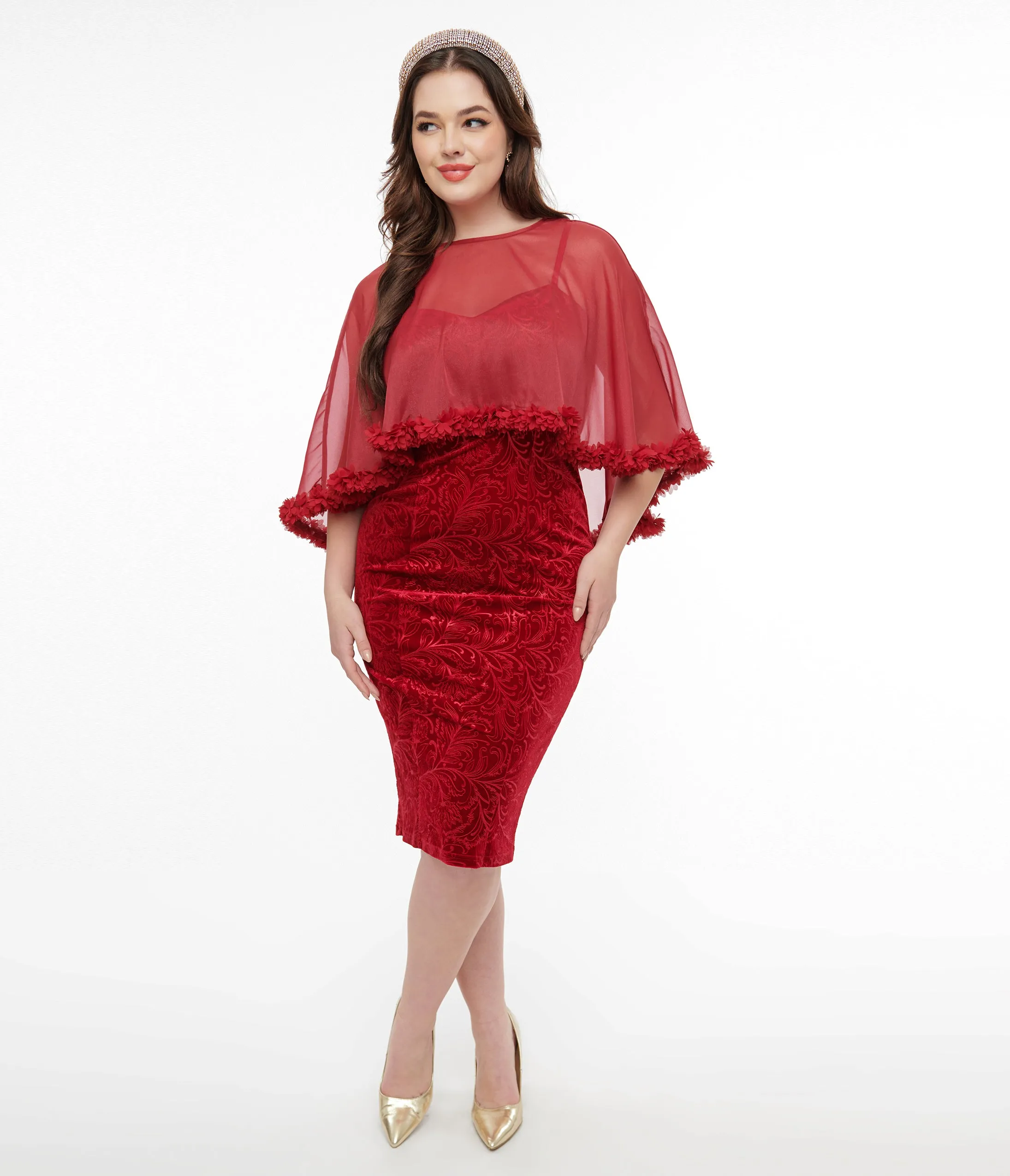 Unique Vintage 1960s Red Velvet Ruffle Capelet Wiggle Dress sold by Unique Vintage product image thumbnail 3