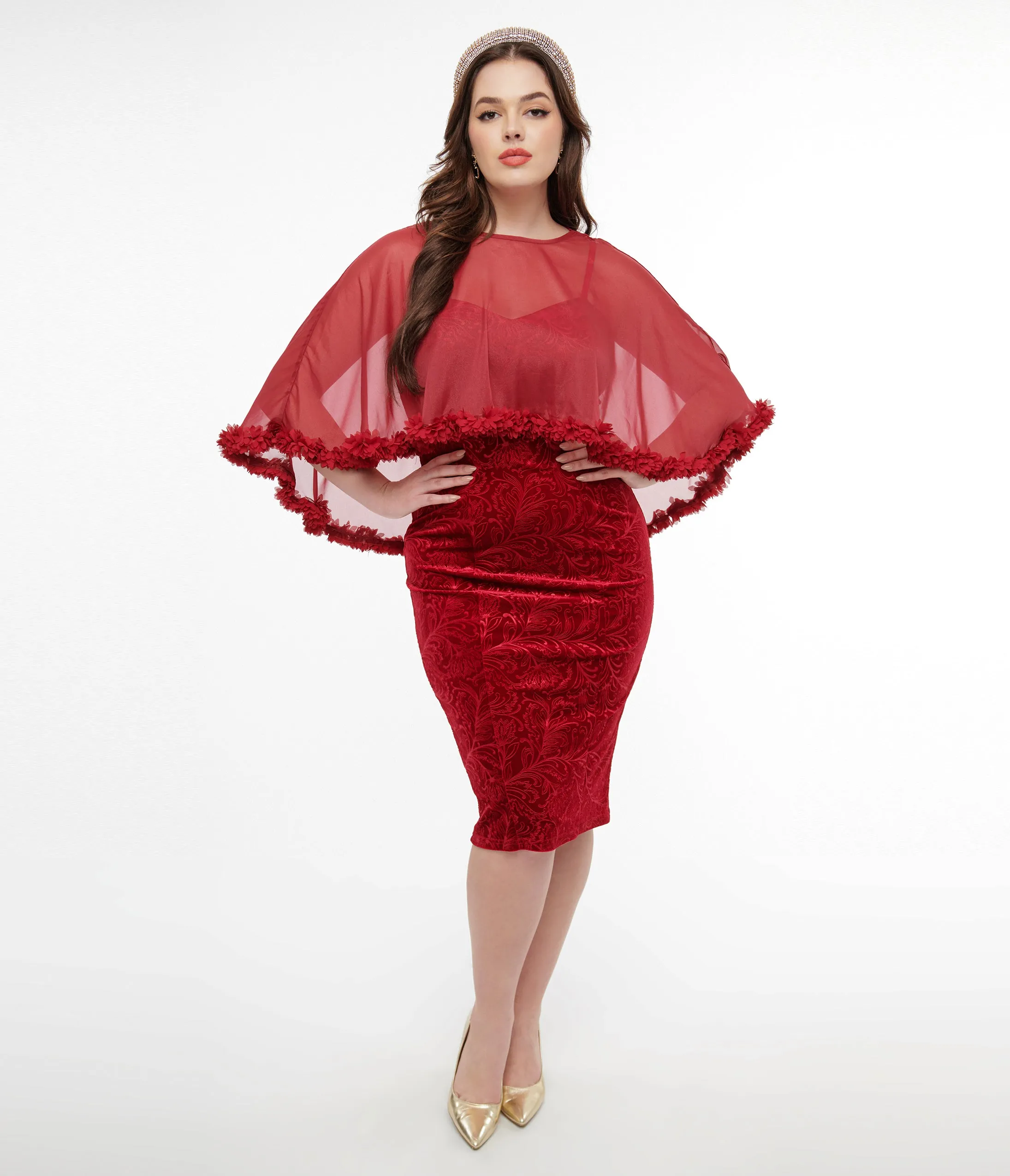 Unique Vintage 1960s Red Velvet Ruffle Capelet Wiggle Dress sold by Unique Vintage