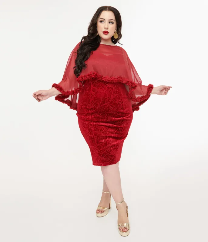 Unique Vintage Plus Size 1960s Red Velvet Ruffle Capelet Wiggle Dress sold by Unique Vintage