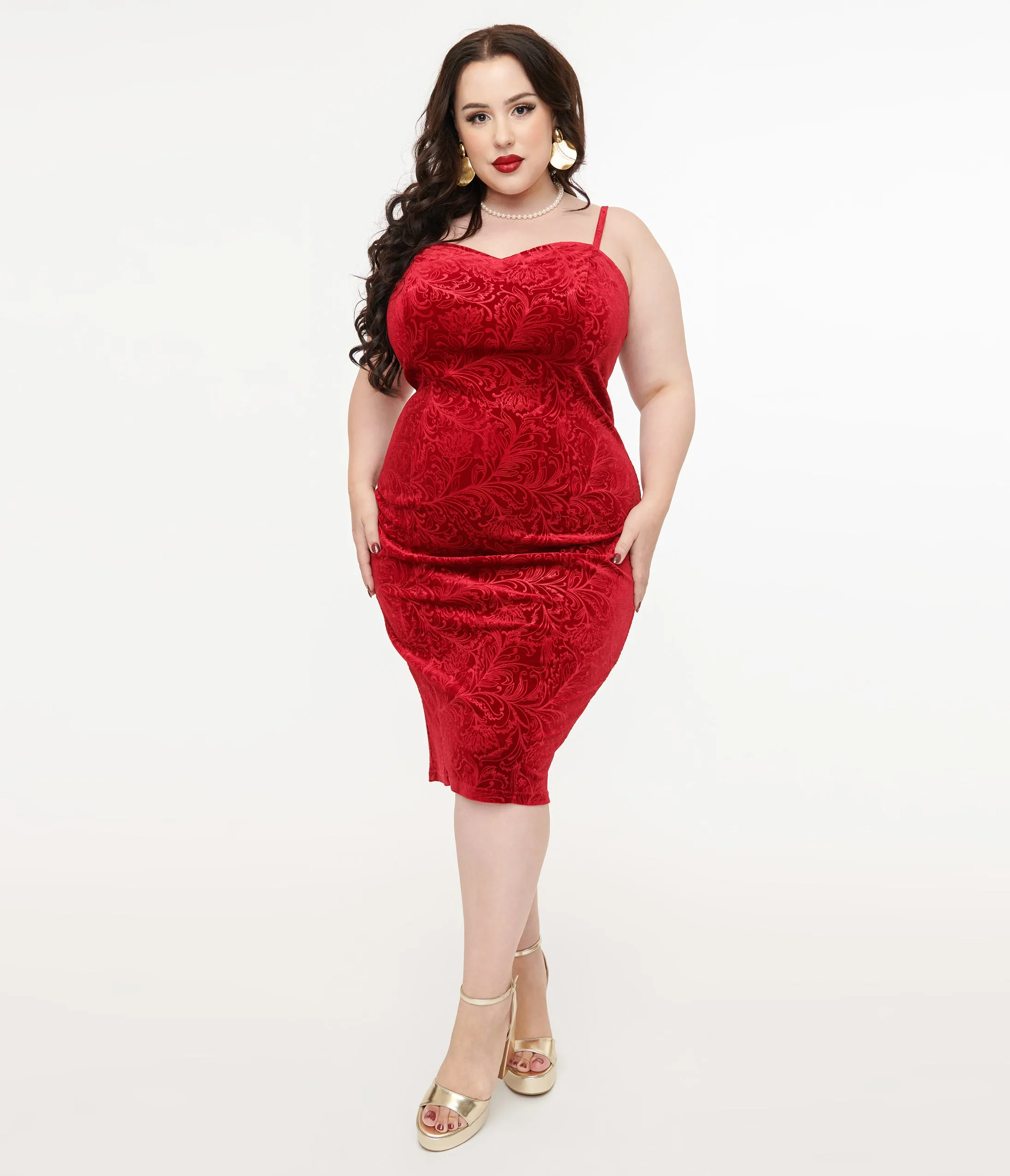 Unique Vintage Plus Size 1960s Red Velvet Ruffle Capelet Wiggle Dress sold by Unique Vintage product image thumbnail 2