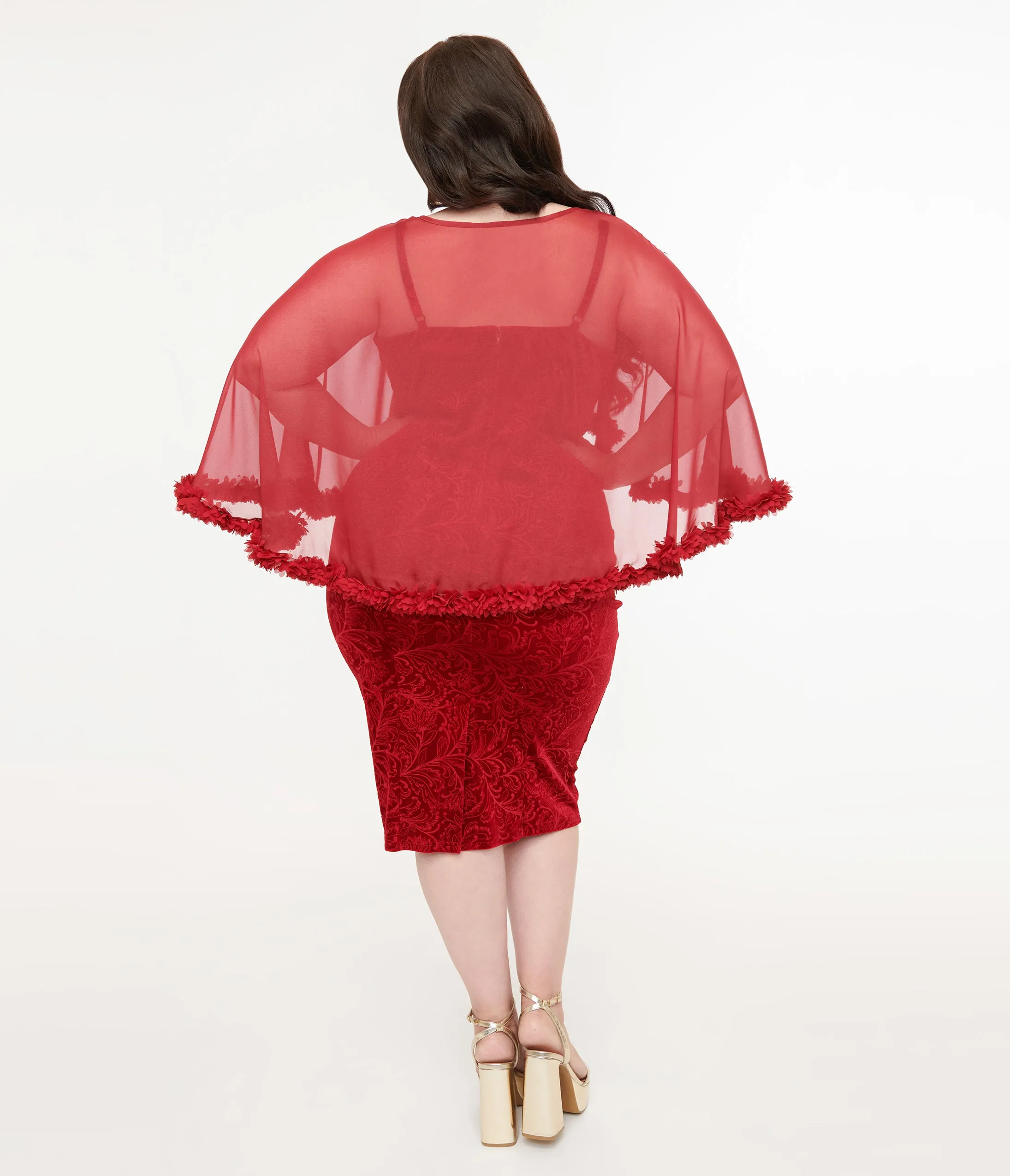 Unique Vintage Plus Size 1960s Red Velvet Ruffle Capelet Wiggle Dress sold by Unique Vintage product image thumbnail 3