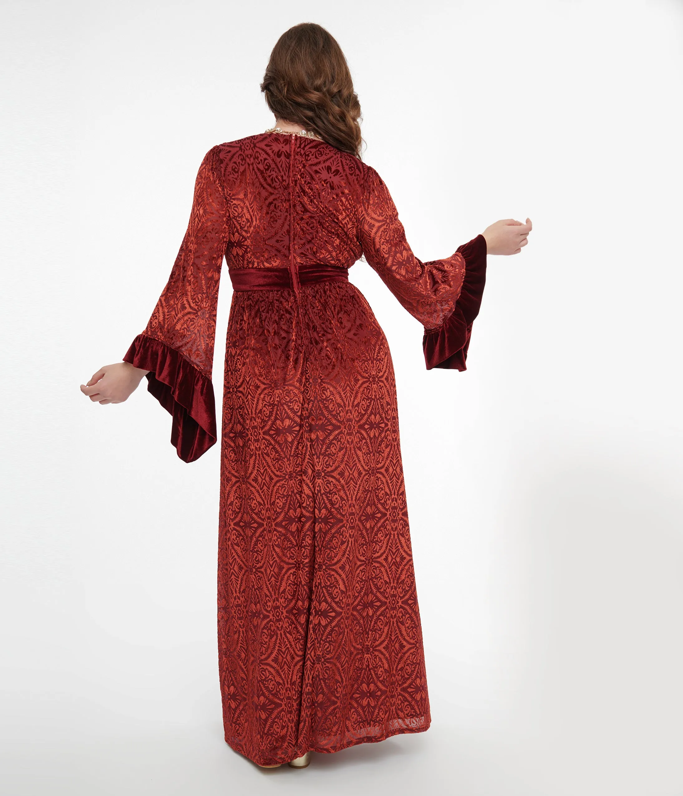 Unique Vintage 1970s Burgundy Velvet Burnout Maxi Dress sold by Unique Vintage product image thumbnail 2