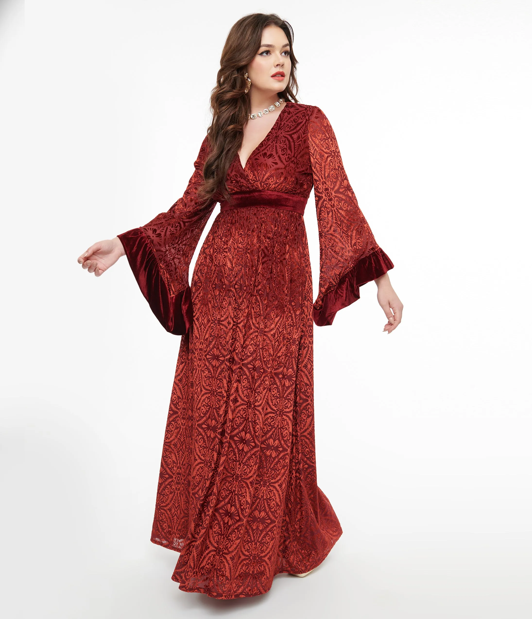 Unique Vintage 1970s Burgundy Velvet Burnout Maxi Dress sold by Unique Vintage product image thumbnail 3