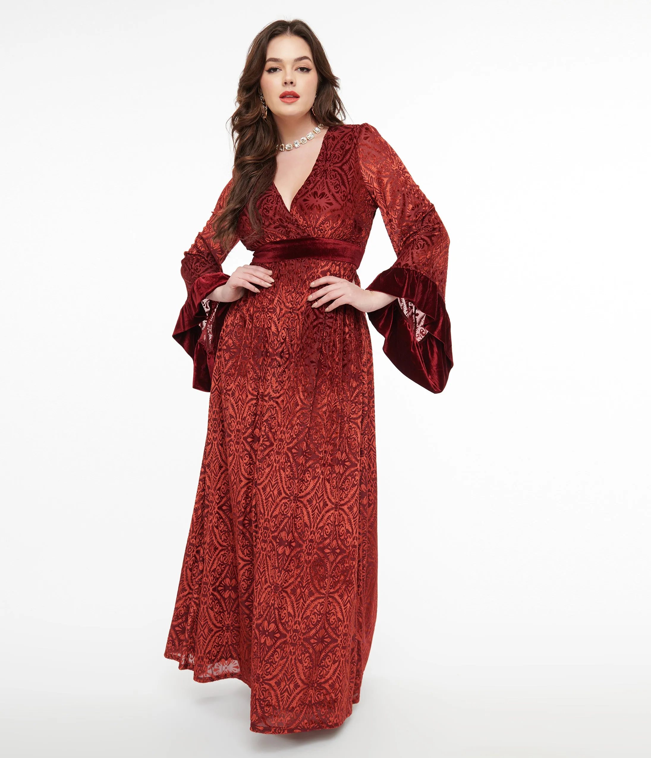 Unique Vintage 1970s Burgundy Velvet Burnout Maxi Dress sold by Unique Vintage