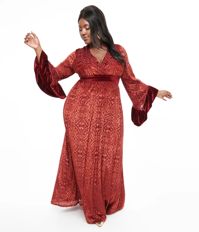 Unique Vintage Plus Size 1970s Burgundy Velvet Burnout Maxi Dress sold by Unique Vintage