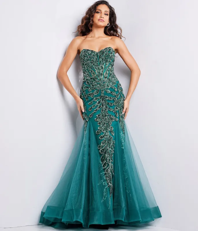 Jovani Emerald Sequin Embellished Corset Trumpet Evening Gown sold by Unique Vintage