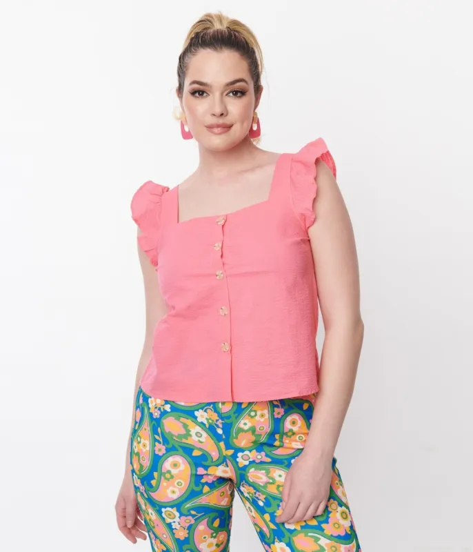 Hot Pink Button Up Top sold by Unique Vintage