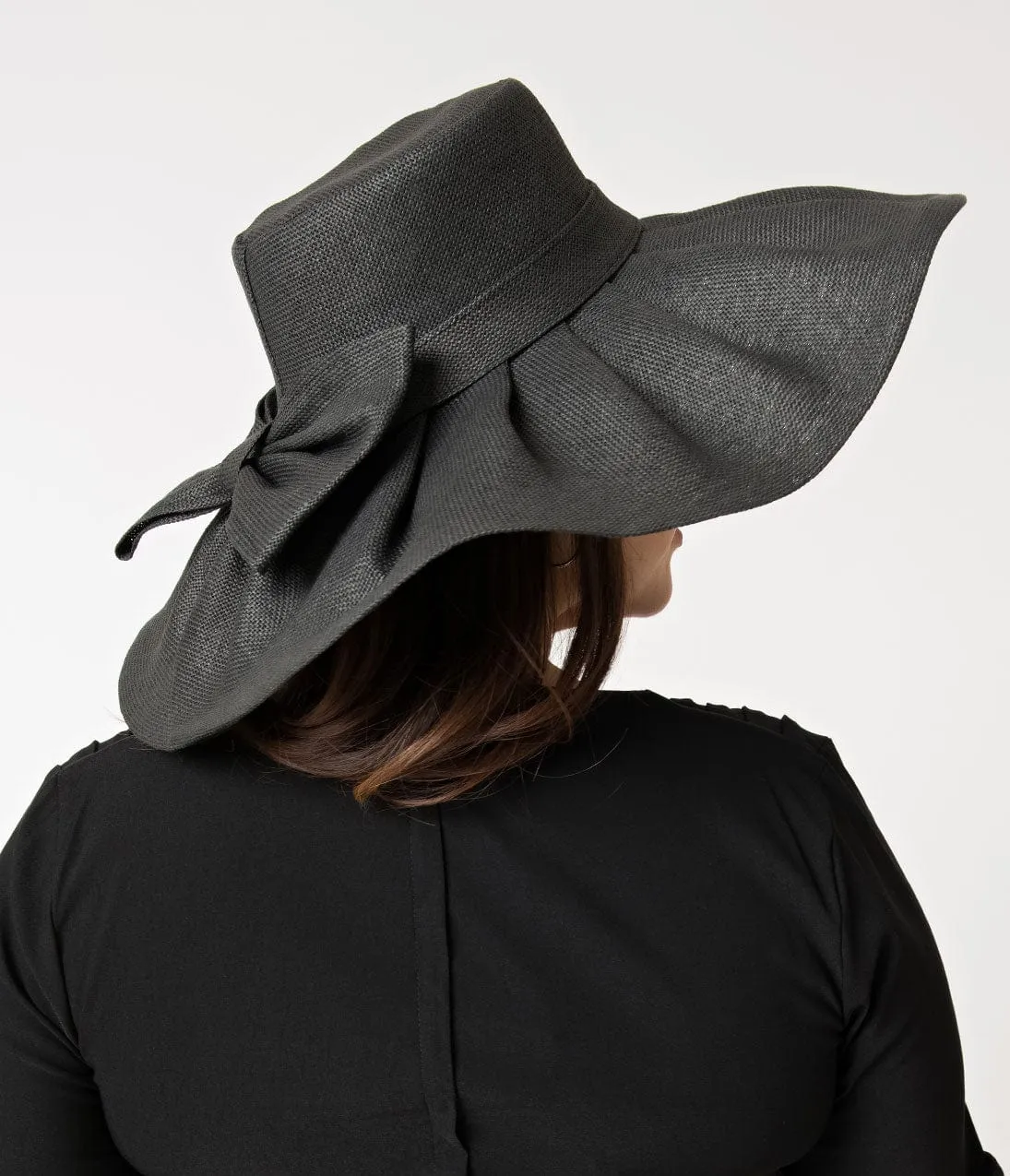 Black Woven Pleated Sun Hat With Bow sold by Unique Vintage product image thumbnail 2