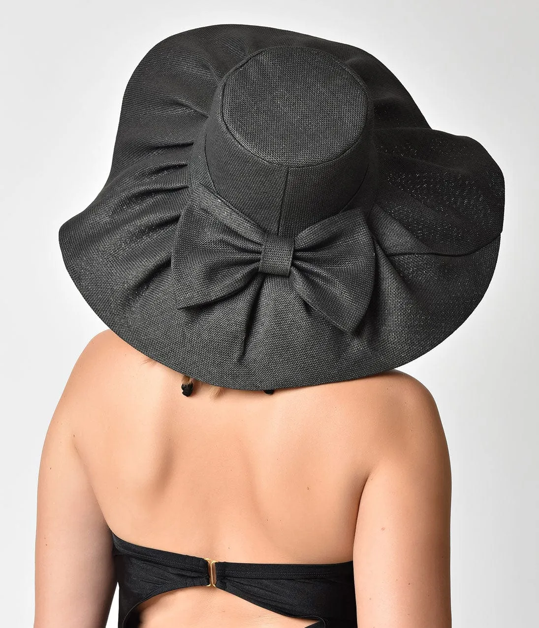 Black Woven Pleated Sun Hat With Bow sold by Unique Vintage product image thumbnail 4