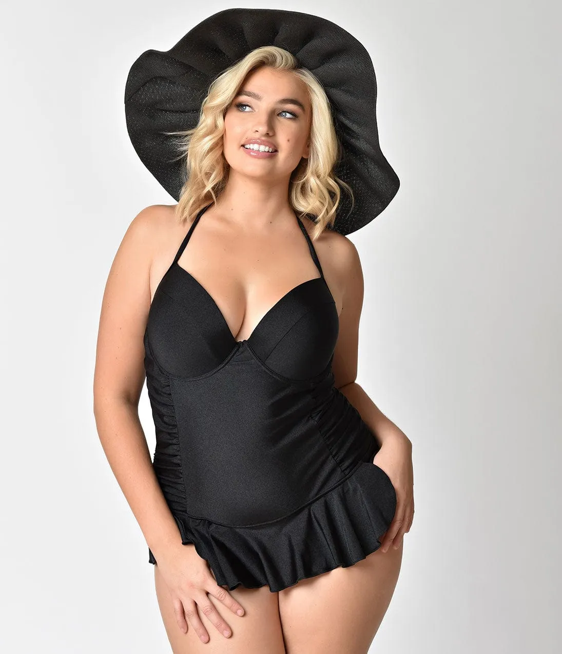 Black Woven Pleated Sun Hat With Bow sold by Unique Vintage product image thumbnail 3