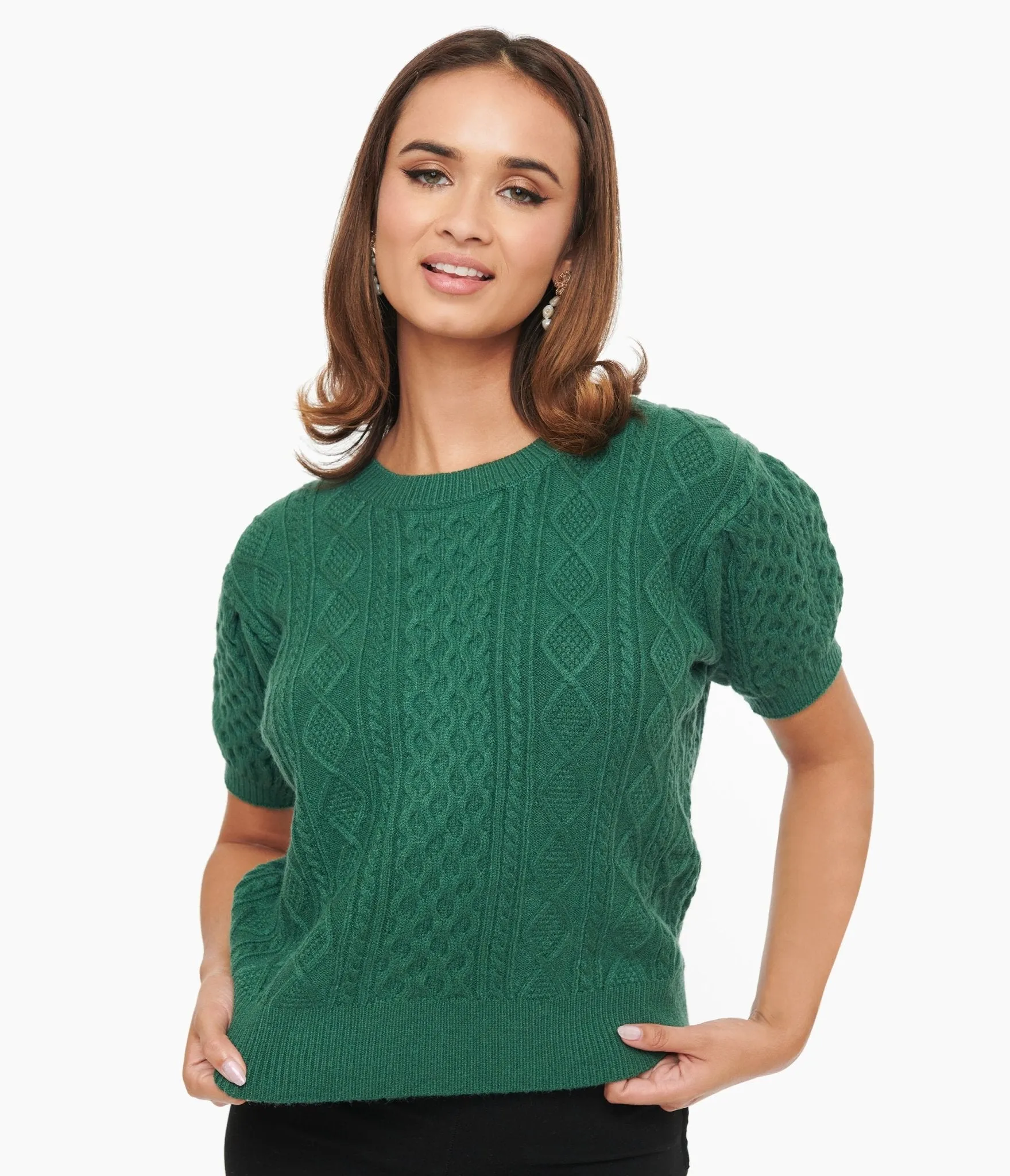 Hunter Green Cable Knit Short Sleeve Sweater sold by Unique Vintage product image thumbnail 2