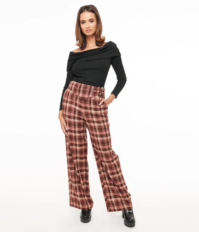 Unique Vintage Burgundy Plaid Double Belt Woven Pants sold by Unique Vintage