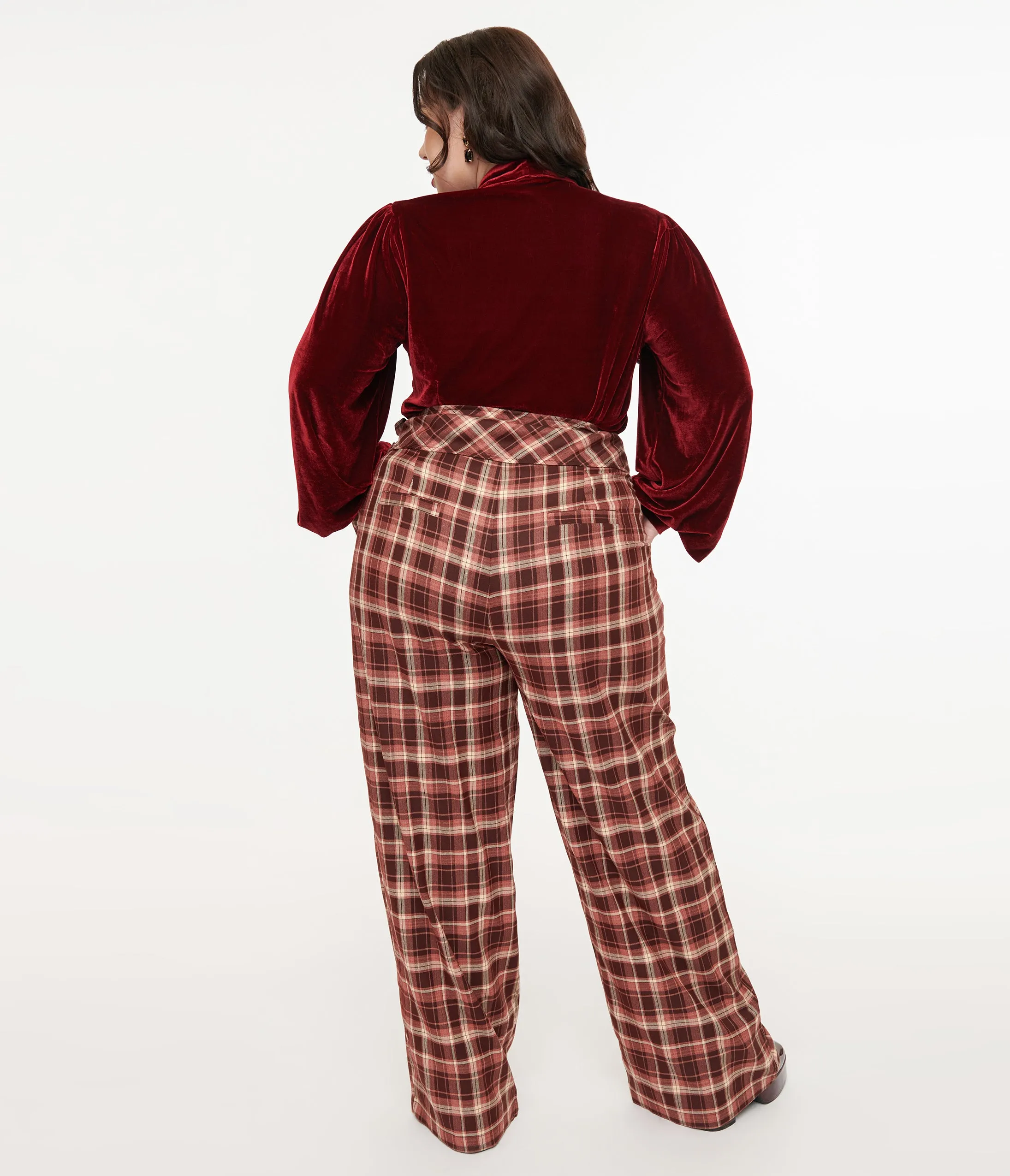 Unique Vintage Plus Size Burgundy Plaid Double Belt Woven Pants sold by Unique Vintage product image thumbnail 3