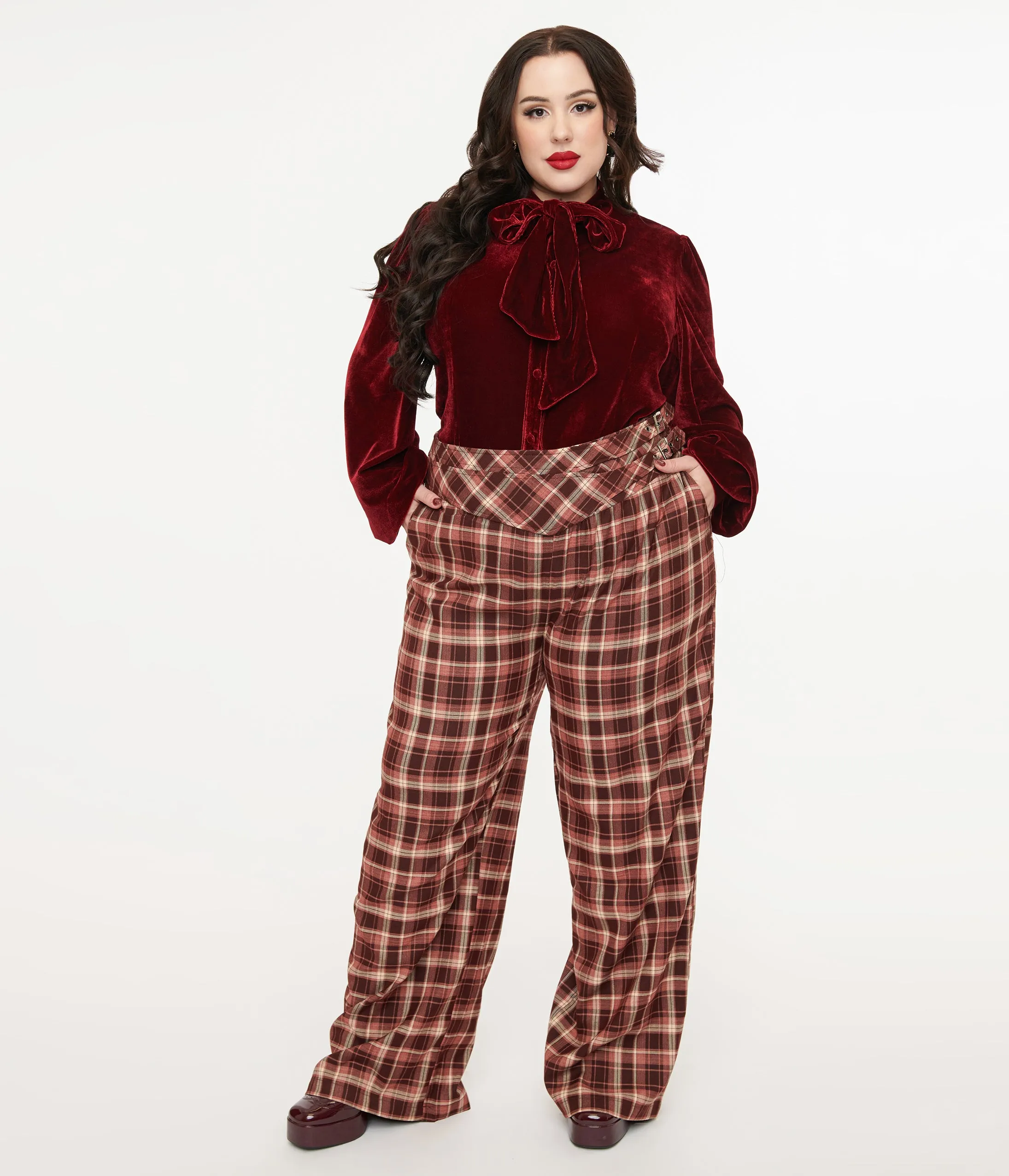 Unique Vintage Plus Size Burgundy Plaid Double Belt Woven Pants sold by Unique Vintage