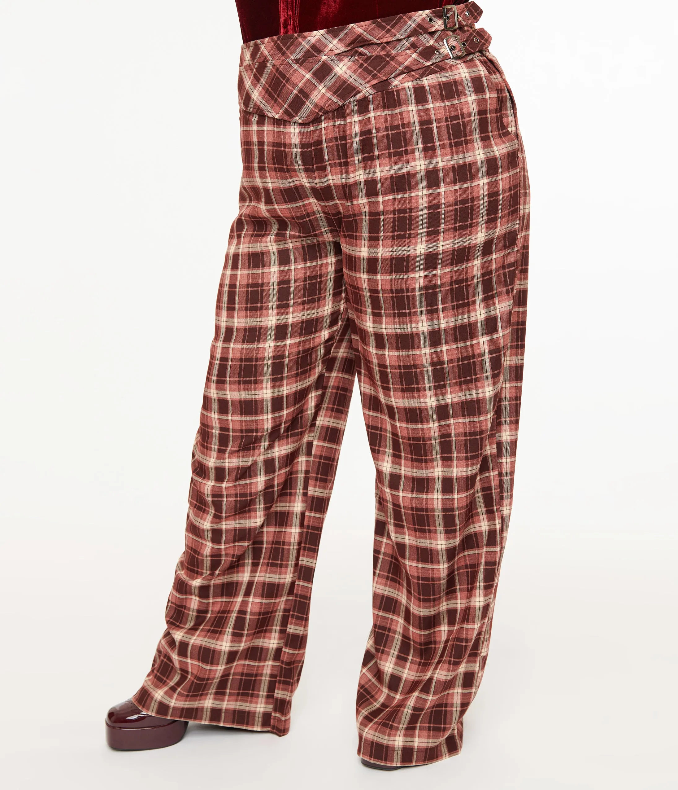 Unique Vintage Plus Size Burgundy Plaid Double Belt Woven Pants sold by Unique Vintage product image thumbnail 2