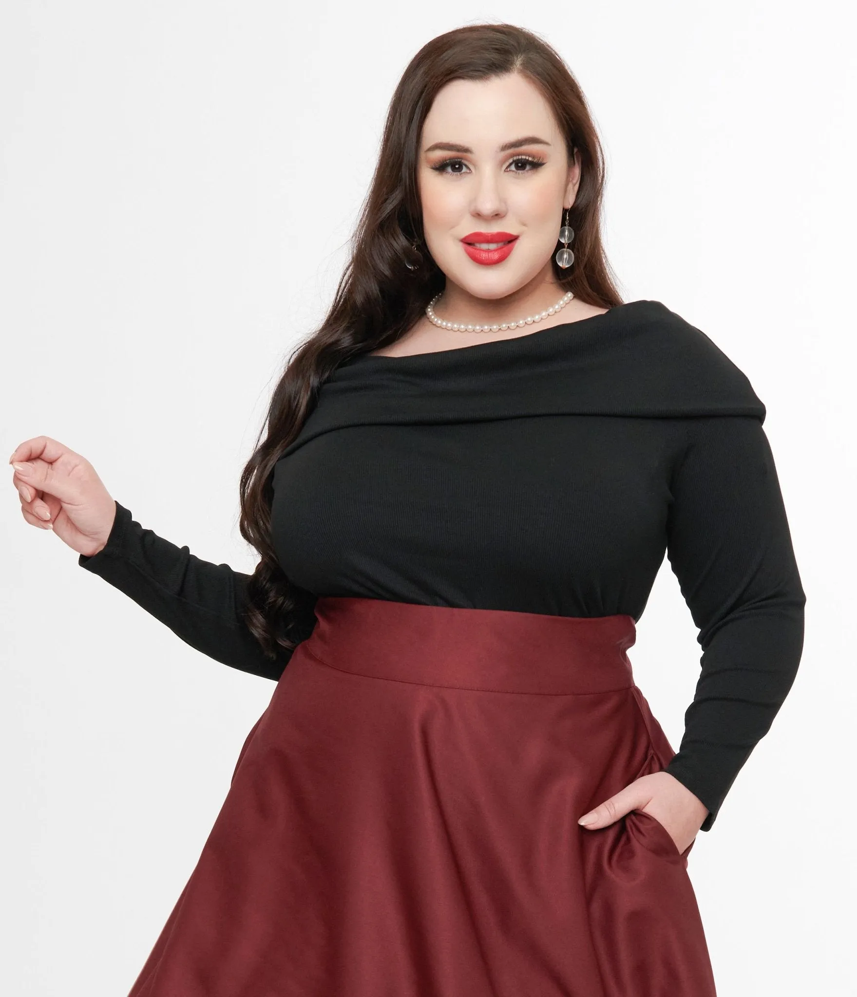 Unique Vintage Plus Size 1960s Black Folded Shoulder Knit Top sold by Unique Vintage