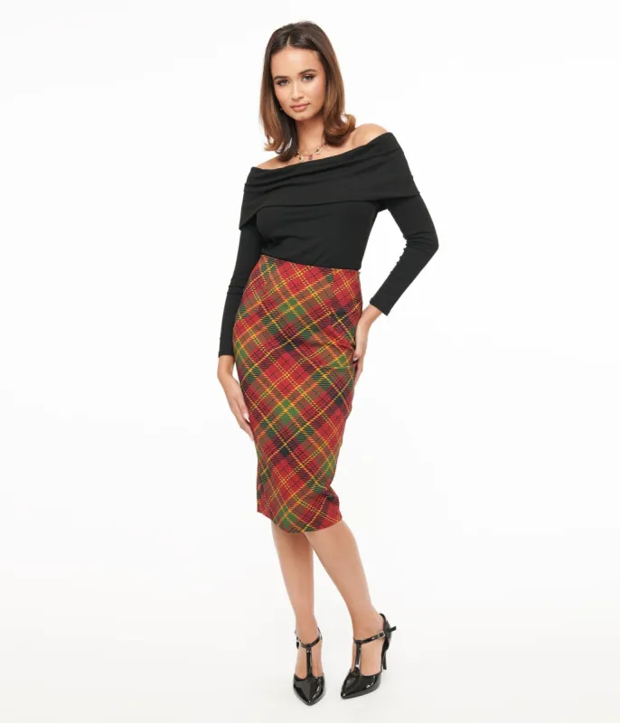 Unique Vintage 1950s Burnt Orange & Green Plaid Tracy Pencil Skirt sold by Unique Vintage