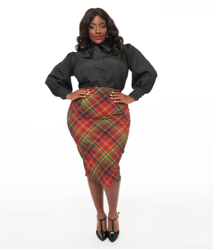 Unique Vintage Plus Size 1950s Burnt Orange & Green Plaid Tracy Pencil Skirt sold by Unique Vintage