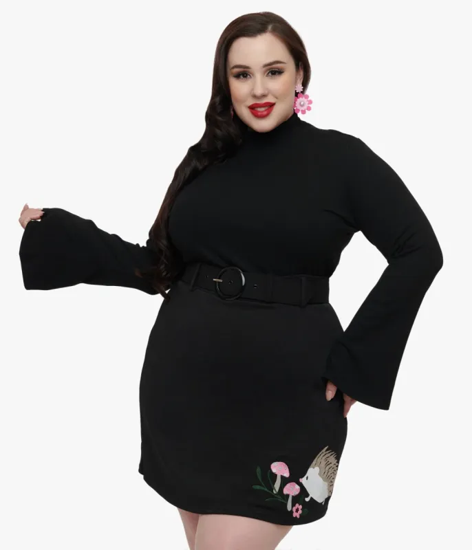 Smak Parlour Plus Size 1960s Black Mock Neck Bell Sleeve Top sold by Unique Vintage