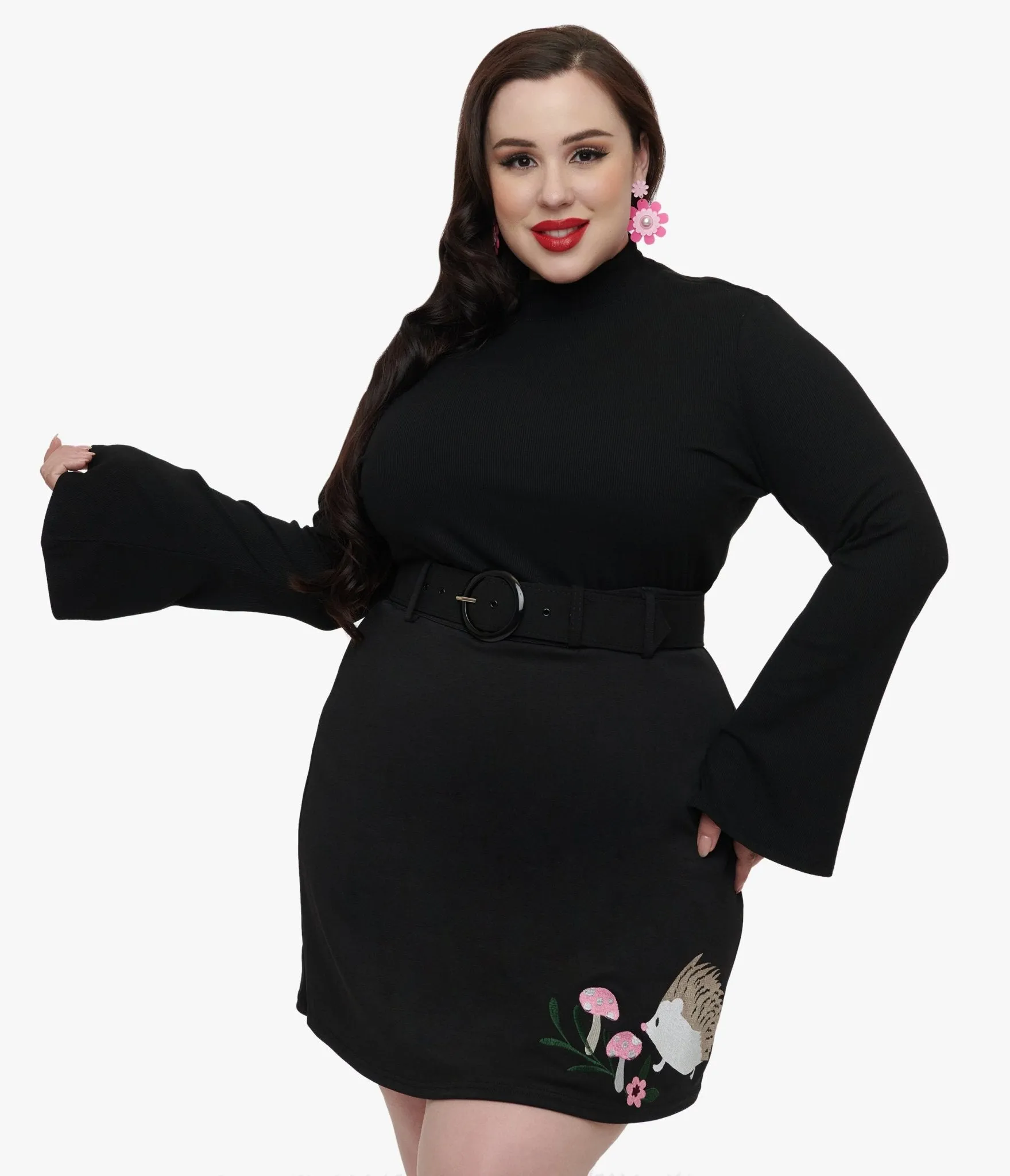 Smak Parlour Plus Size 1960s Black Mock Neck Bell Sleeve Top sold by Unique Vintage