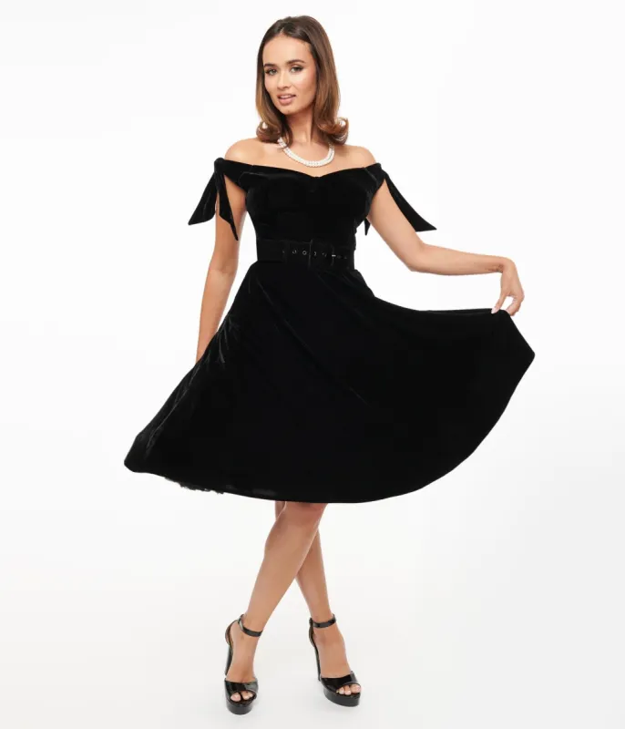 Unique Vintage 1960s Black Velvet Off The Shoulder Swing Dress sold by Unique Vintage