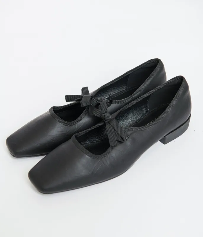 1960s Black Leatherette Bow Strap Flats sold by Unique Vintage